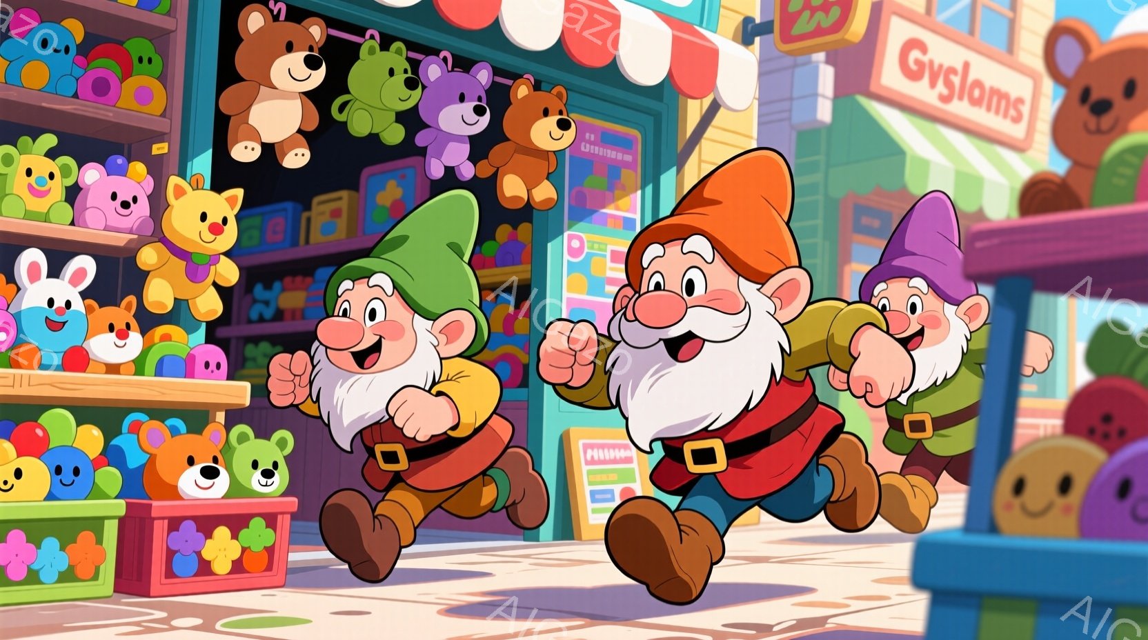 2人の男の子が、おもちゃ屋さんの前を勢いよく走っている。彼らは赤いジャケット、緑のズボン、そして頭には尖った帽子をかぶっており、満面の笑みを浮かべている。背景には、カラフルなおもちゃでいっぱいの棚や、可愛らしい装飾が施された建物が見え、全体的に明るく楽しい雰囲気が漂っている。