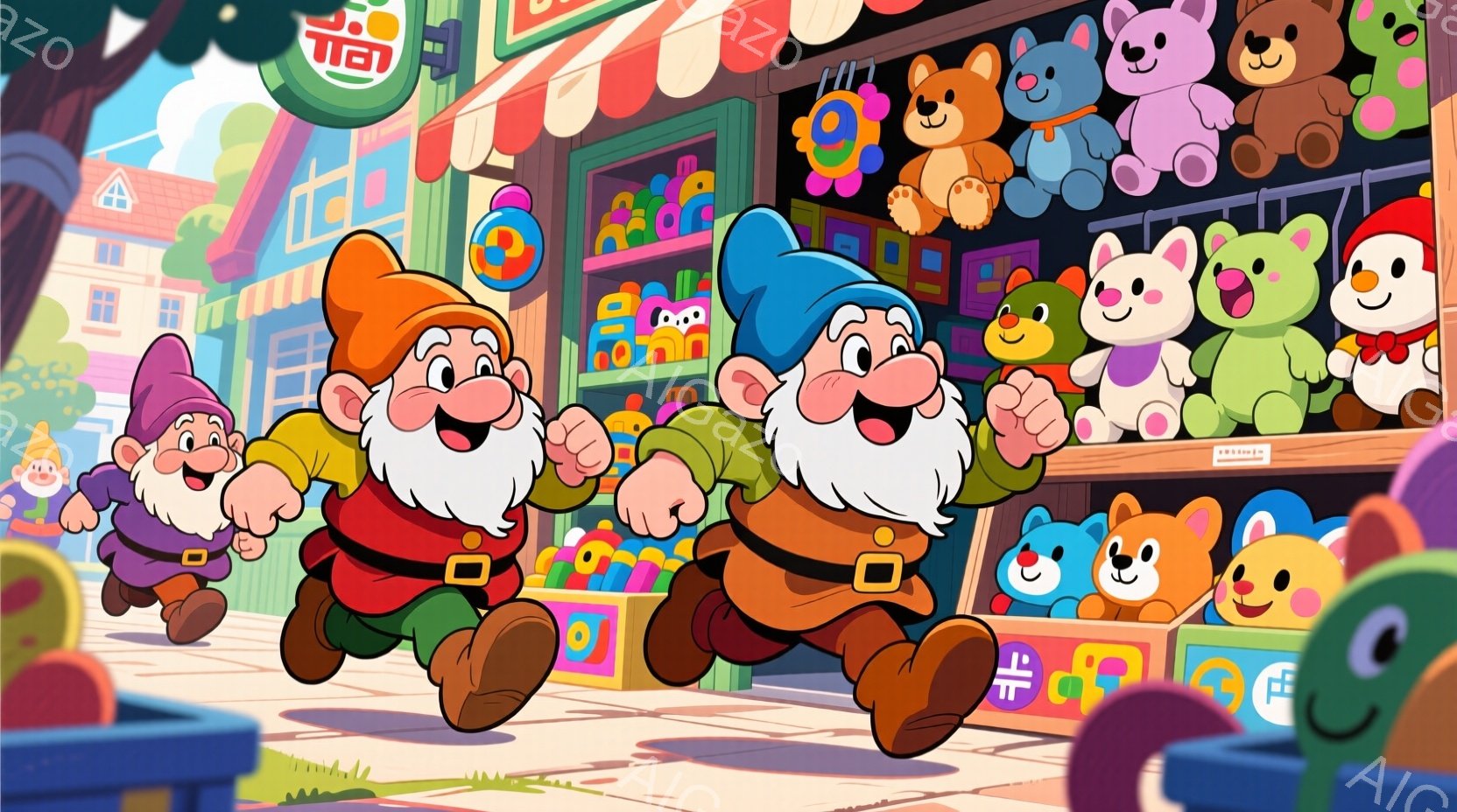 ３人の小人が賑やかな商店街を走っている様子が描かれています。彼らはそれぞれ赤い帽子、緑の服、茶色のズボンとベルトを身につけており、顔は笑顔で躍動感に満ちています。背景には、カラフルなぬいぐるみで埋め尽くされたお店、可愛らしい建物、そして青い空が広がっており、全体的に明るく楽しい雰囲気を醸し出しています。