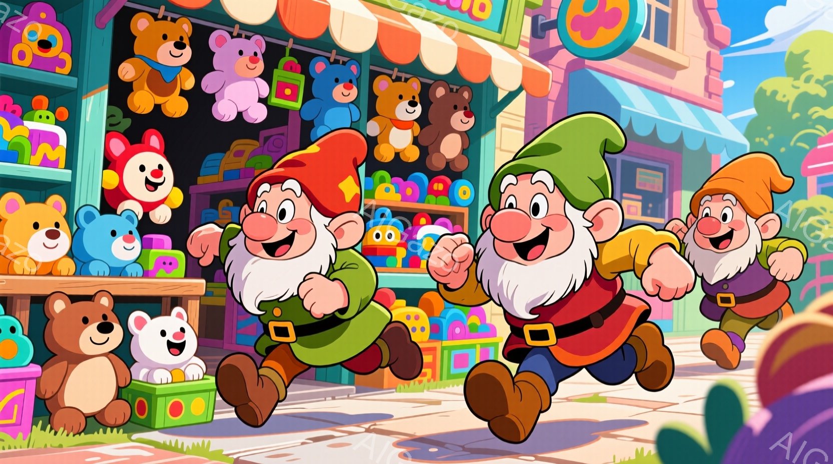 「グリーンスキルズ」というゲームからのスクリーンショットです。中央に位置した老人の三人が緑色の服を着て、栄養素を得るために競争しています。 老人1は黄色の服を着用し、老人2は赤色の服を着用しています。彼らは走りながら栄養素を入手しようと喜んでいる表情を持っています。 背景には、建物の壁や窓から緑色の花が飾られており、雰囲気は楽しくて活発な様子です。