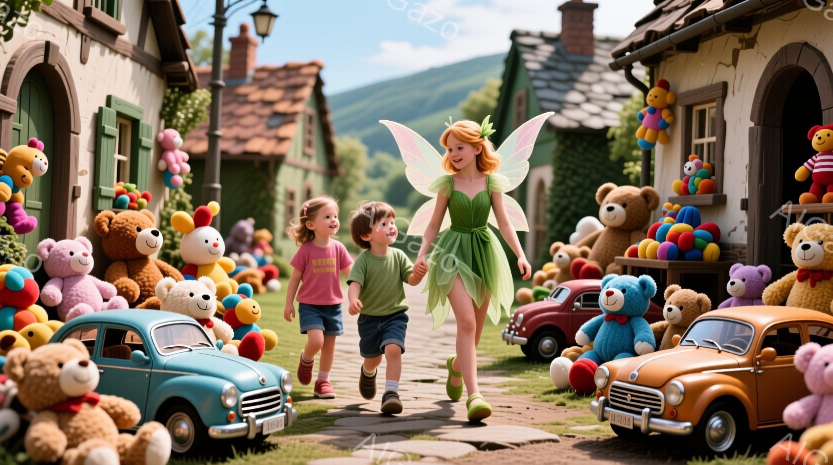 小さな女の子と男の子が、テディベアやクラシックカーに囲まれた石畳の道を引き走っている。女の子はピンク色のTシャツを着ており、男の子はダークカラーのシャツとショーツ姿だ。背景にはカラフルなテディベアがずらりと並び、可愛らしい建物が並んでいるため、夢のような、おとぎ話のような雰囲気が漂っている。
