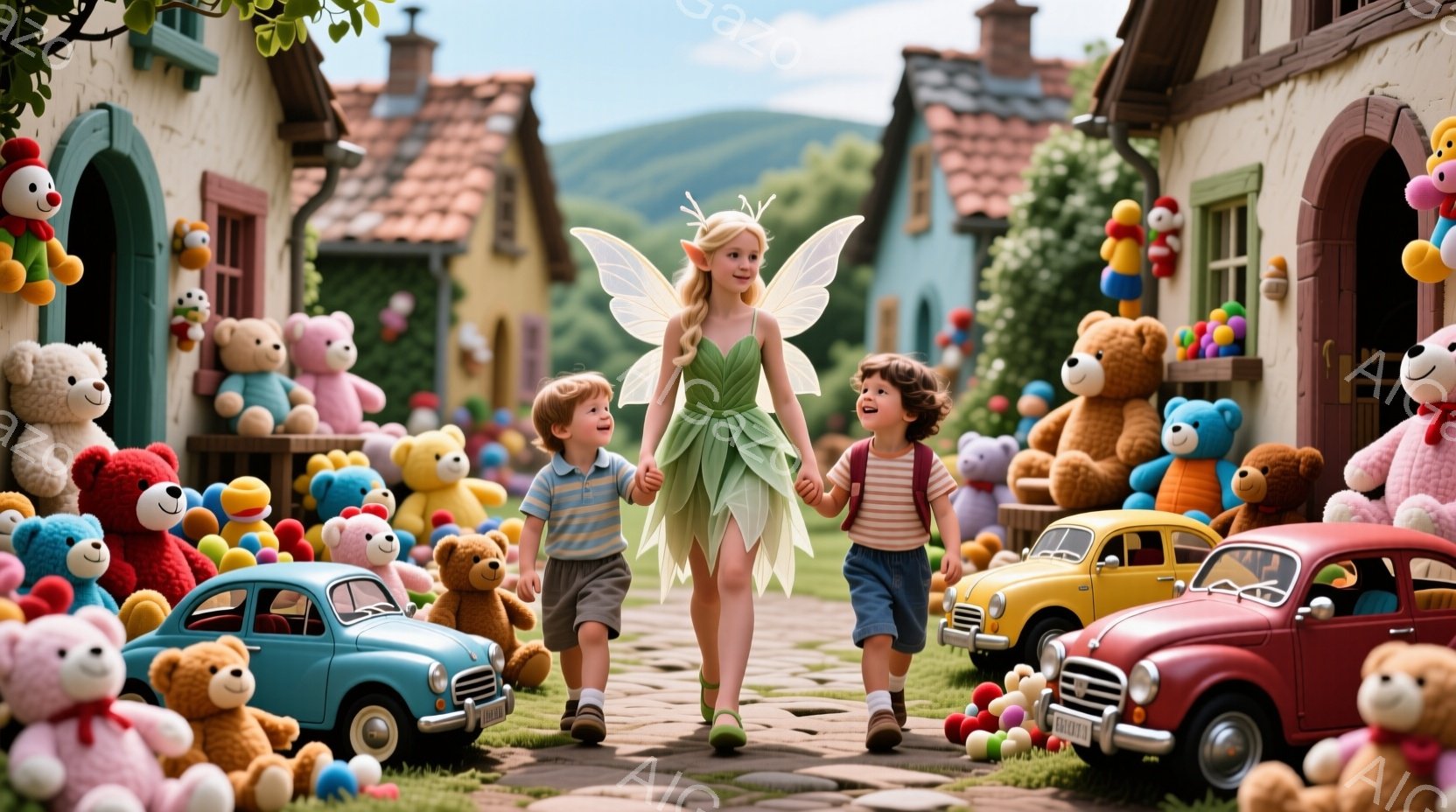 少女は緑色のドレスと羽を身につけ、2人の少年と手を繋いで石畳の道を歩いている。背景にはカラフルなテディベアとレトロな自動車が並び、可愛らしい建物が連なる幻想的な村の風景が広がっている。全体的に暖かく、 - AI生成フリー素材