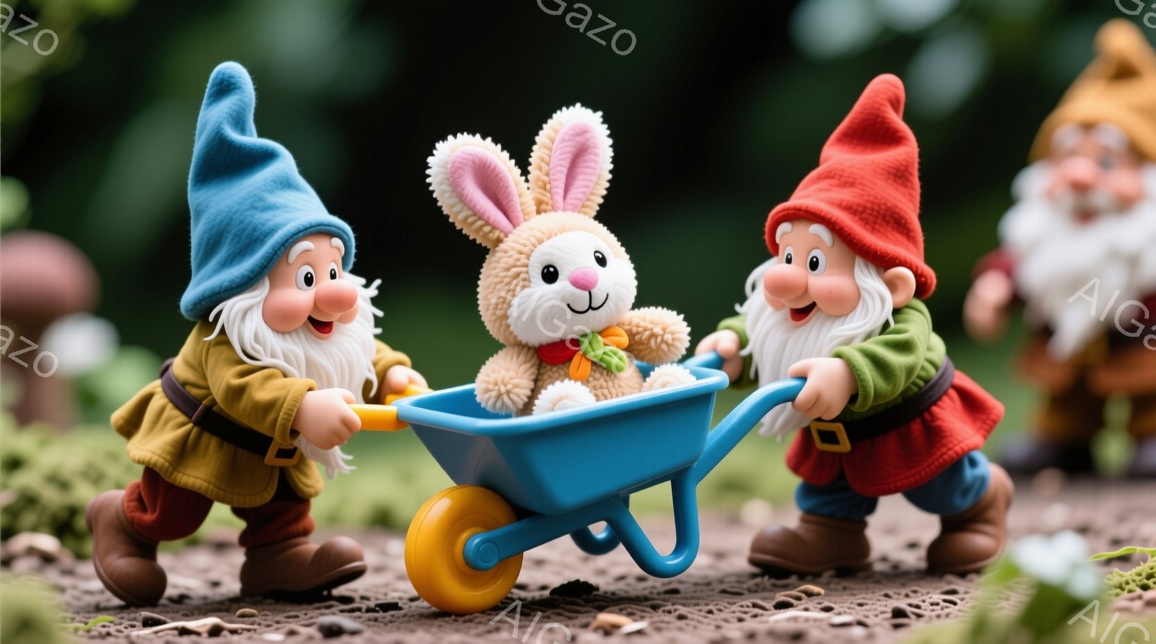 小さな庭のジオラマで、黄色と赤色の服を着た二人の小人が青い台車を押しています。台車の中にはふわふわの白いウサギの人形が座っており、笑顔を見せています。背景には緑の草や植物が生い茂り、可愛らしい雰囲気のシーンです。