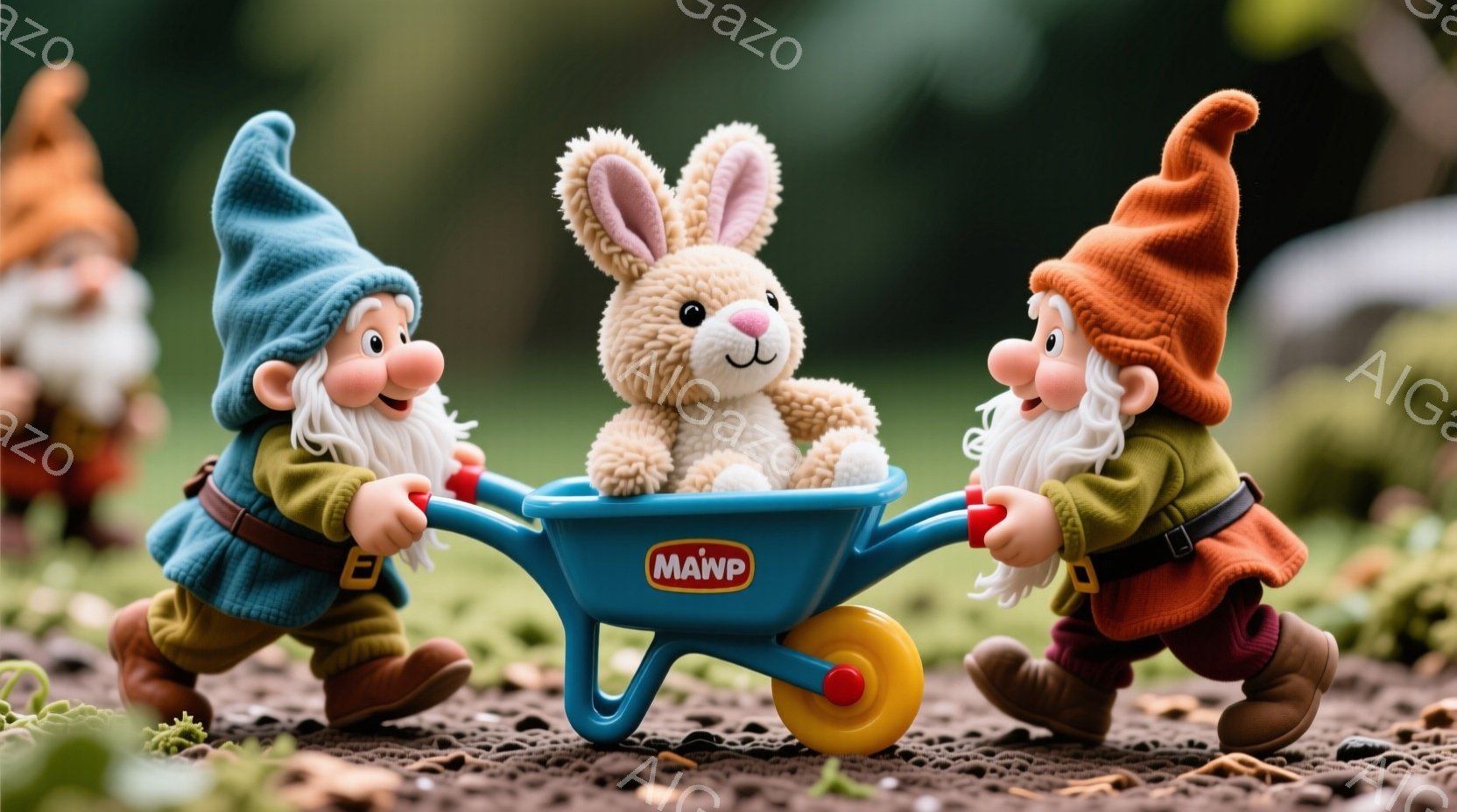 小さな庭で、2人の庭師の格好をした人形が、青い台車を引いている。彼らはそれぞれ赤い帽子と黄色のズボンを身につけ、白いひげを生やし、楽しそうに微笑んでいる。背景は緑の草と土で、明るい太陽光が差し込み、全体的に温かく陽気な雰囲気を醸し出している。