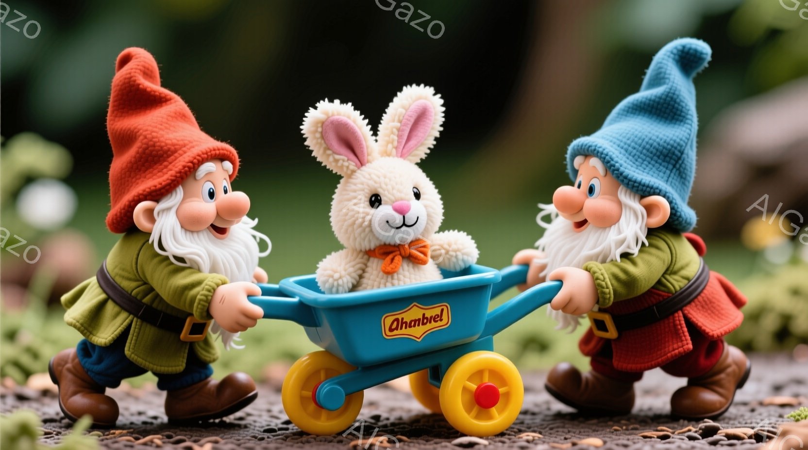 2人のノームが、小さな青い台車を押しています。彼らは赤い帽子と、緑色のジャケットとズボンを着ており、白いひげを生やしています。背景は緑色の植物で覆われており、暖かく、遊び心のある雰囲気です。
