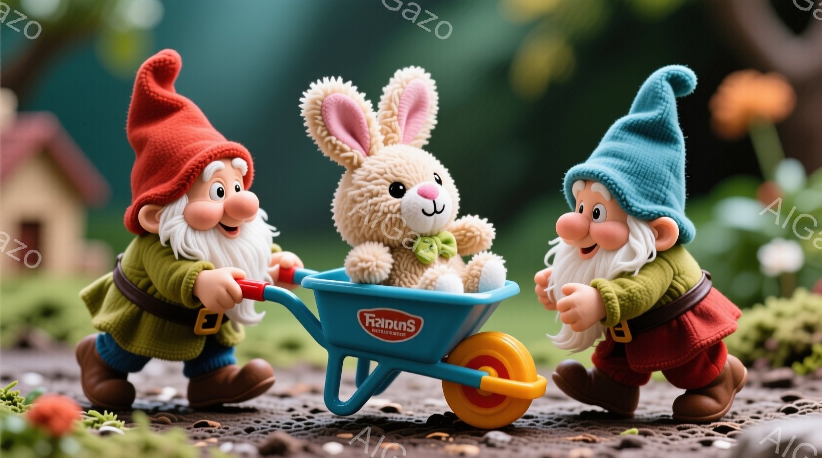 庭で働く二人の小人たちが、ぬいぐるみウサギを載せた手押し車を押している様子が描かれています。彼らは赤い帽子と、緑や赤の衣装を着ており、白いひげを生やしています。背景には、小さな家や緑豊かな植物が見え、晴れた日の温かい雰囲気が漂っています。