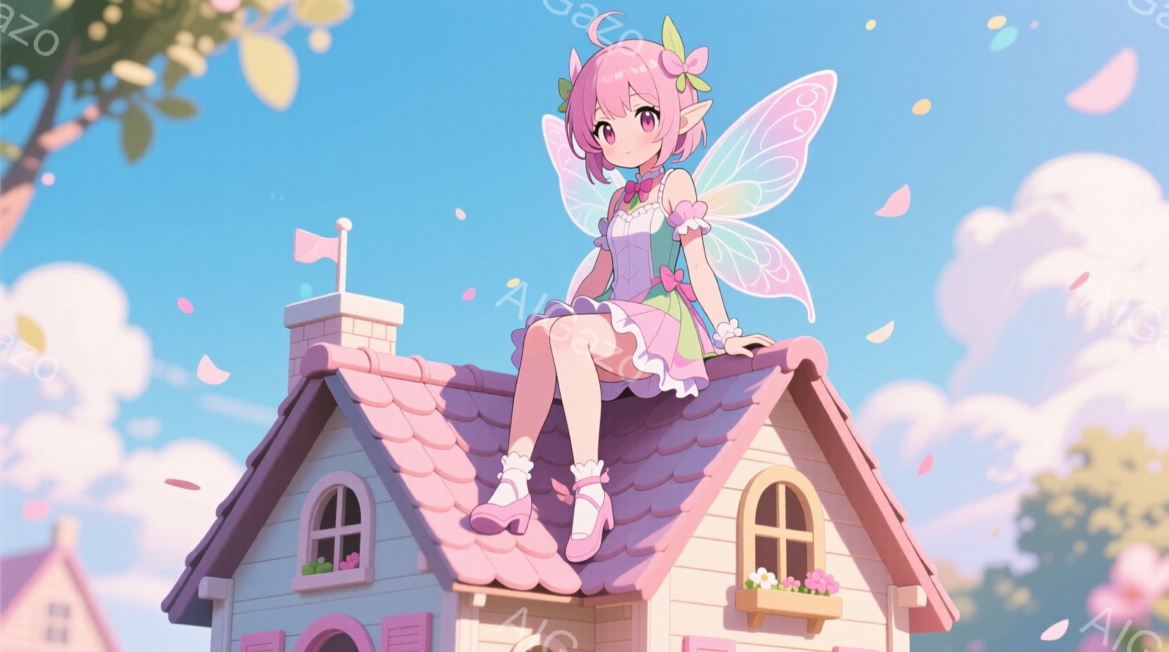 ピンク色の髪と大きな瞳を持つ少女が、可愛らしいピンク色の屋根の上に座っています。彼女は、花飾りとリボンが付いた白いドレスと、翼を身に着けており、少し微笑んでいます。背景には、同じくピンク色の家や緑の木 - AI生成フリー素材