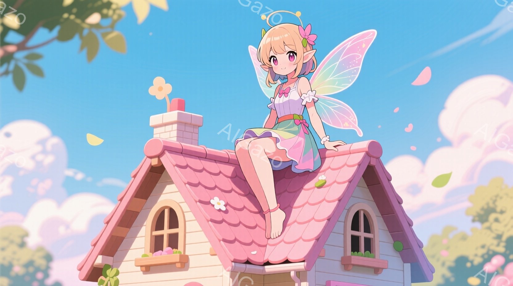 明るいピンク色の屋根の上に、金髪で緑色の瞳を持つ少女が座っています。彼女はパステルカラーのドレスに身を包み、背中には美しい蝶の羽が広がっています。背景には可愛らしい家と、ふわふわとした雲が浮かぶ青空が広がっており、全体的にファンタジーで可愛らしい雰囲気です。