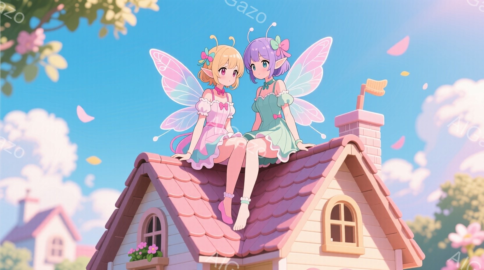 2人の少女が、ピンク色の屋根の上、膝を曲げて座っています。彼女たちは緑とピンクの可愛らしいドレスを着ており、頭には角のようなアクセサリー、背中には蝶のような羽が生えています。背景にはピンク色の家々と青空、そして舞い散る花びらが描かれており、全体的に明るく、夢のような雰囲気を醸し出しています。