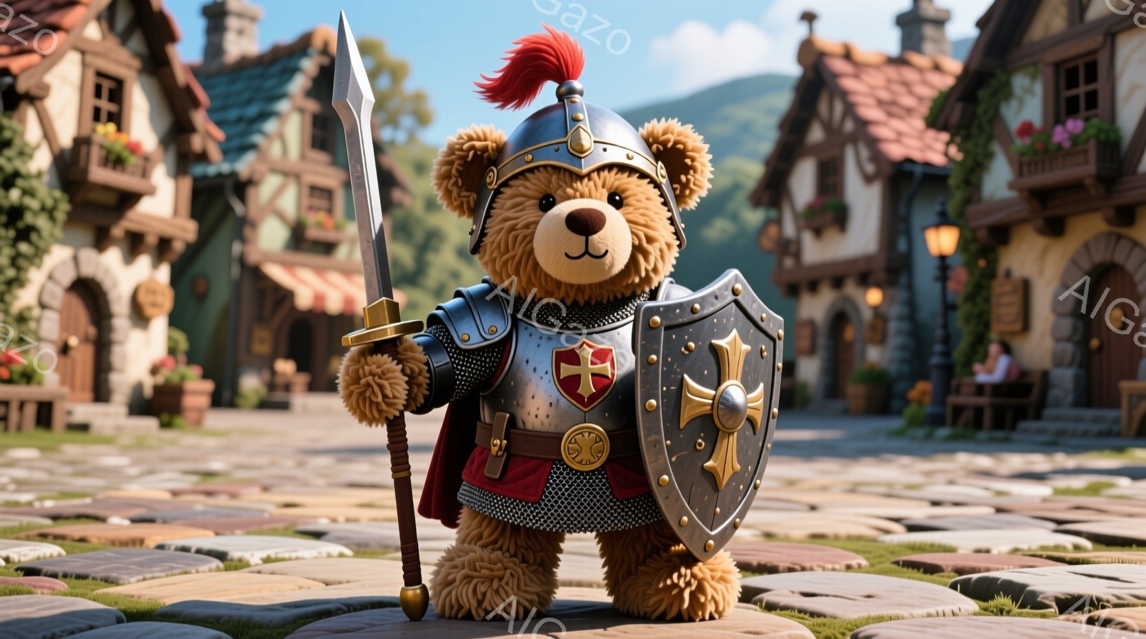 ぬいぐるみのクマが中世の騎士の鎧を身に着けて立っており、金属製のヘルメットには赤い羽飾りが付いています。クマは盾を持ち、剣を構え、石畳の道が続く中世風の村の前に堂々と立っています。背景には、花で飾られた家々が立ち並び、穏やかな日差しが降り注ぎ、ファンタジーの世界の平和な雰囲気を醸し出しています。