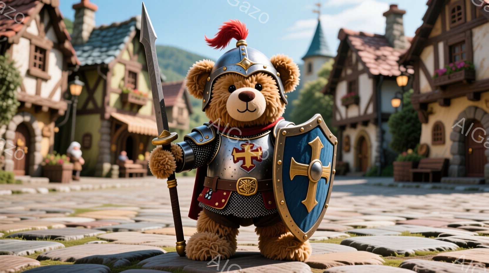 ぬいぐるみのクマが中世風の鎧を身に着け、槍と盾を持って立っている。背景には石畳の道と、カラフルな屋根を持つ中世ヨーロッパ風の建物が並び、暖かい日差しが降り注いでいる。全体的にファンタジーと可愛らしさが混ざり合った、おとぎ話のような雰囲気である。