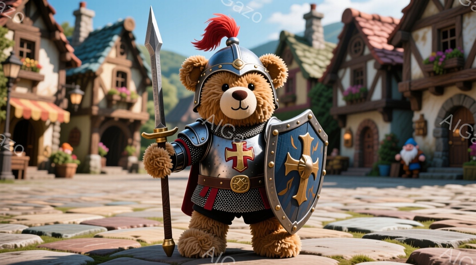 ぬいぐるみのような茶色の熊が、中世の騎士の鎧を身に着けて立っています。熊は剣を手に持ち、左腕には十字架が描かれた盾を構え、勇敢な戦士のポーズをとっています。背景には、レンガ造りの可愛らしい家々が並び、晴れた空の下、中世風の村の賑やかな雰囲気を醸し出しています。