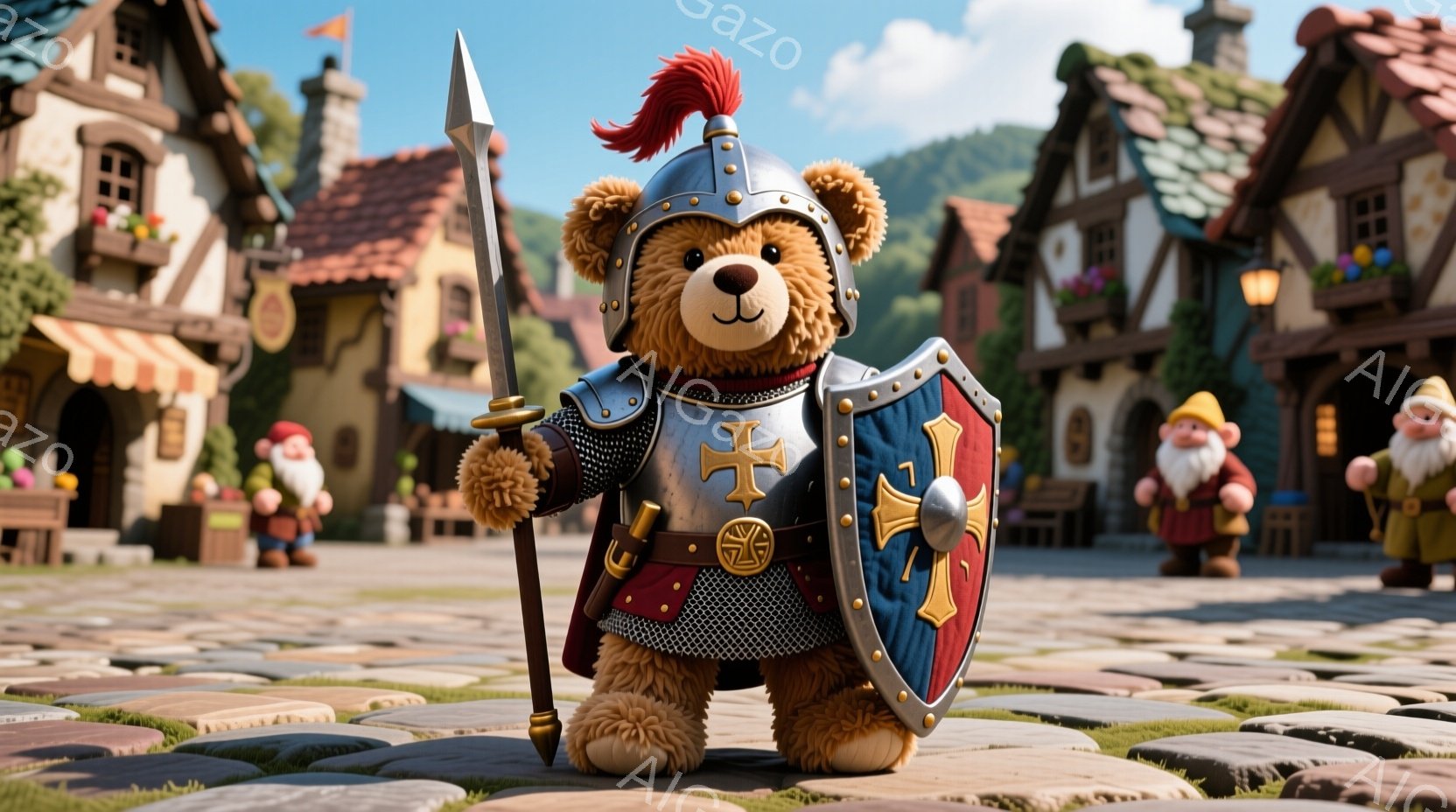 ぬいぐるみのようなクマが、中世風の甲冑を身に着け、槍を構えている。背景には石畳の道と、カラフルな屋根の家々が並び、遠くには緑の丘が見える晴れた日の様子が描かれている。全体的にファンタジーと可愛らしさが - AI生成フリー素材