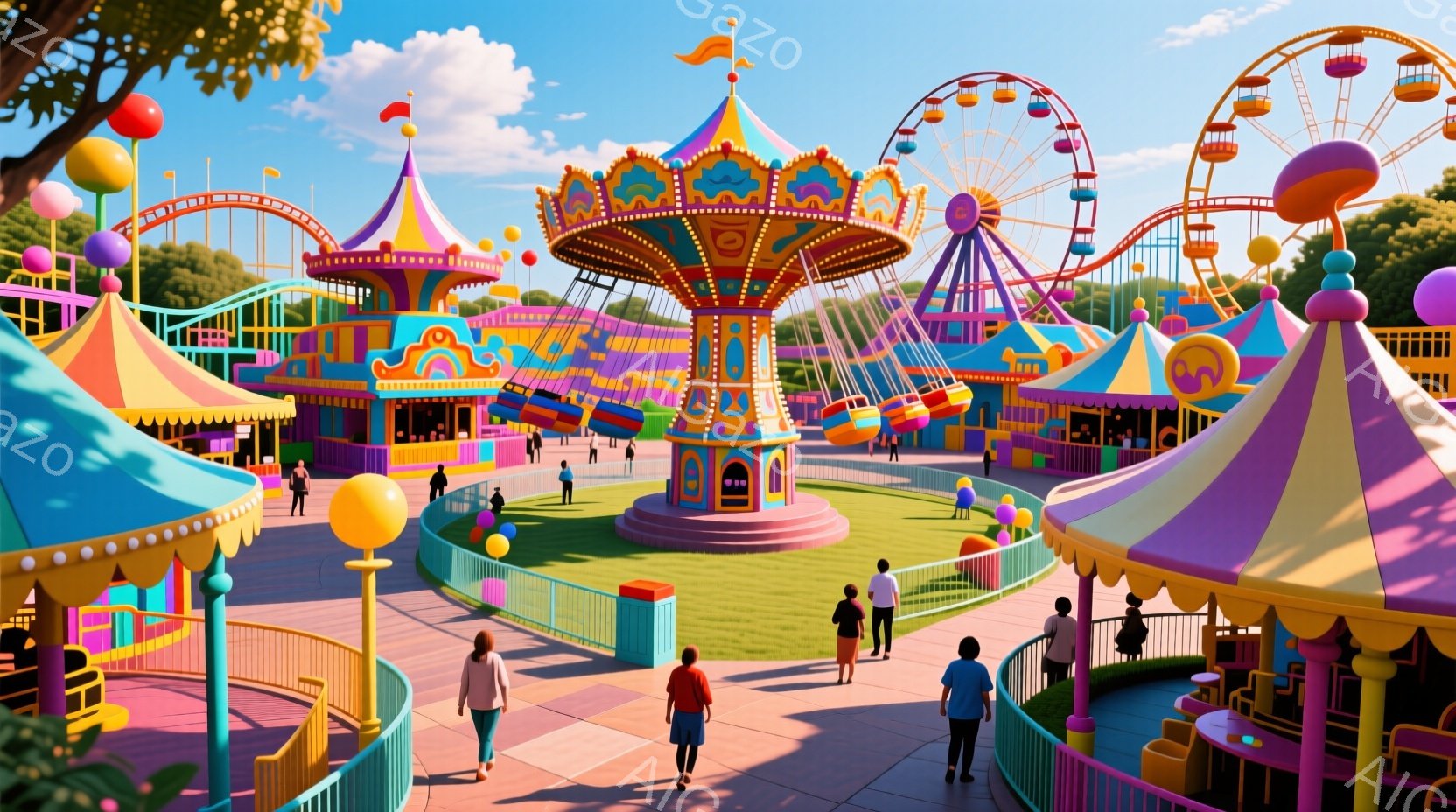 カラフルな遊園地が広がり、観覧車やジェットコースターなどのアトラクションが並んでいる。人々はカジュアルな服装で、遊園地内を散策したり、アトラクションに向かって歩いたりしている。晴れた空と緑豊かな背景が、陽気で楽しい雰囲気を醸し出している。