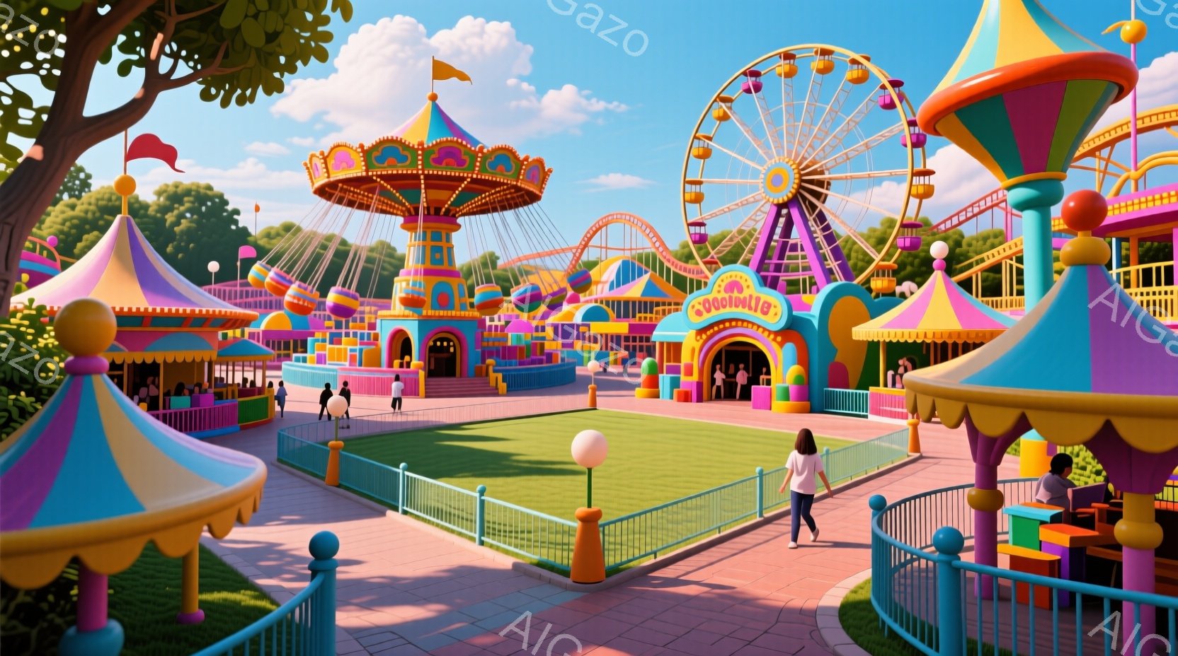 カラフルな遊園地が広がり、中央には観覧車と回転木馬がそびえ立っています。人々は鮮やかな色の服を着て、レジャーを楽しんでいます。背景には、緑豊かな木々や青空が広がり、明るく楽しい雰囲気を醸し出しています - AI生成フリー素材