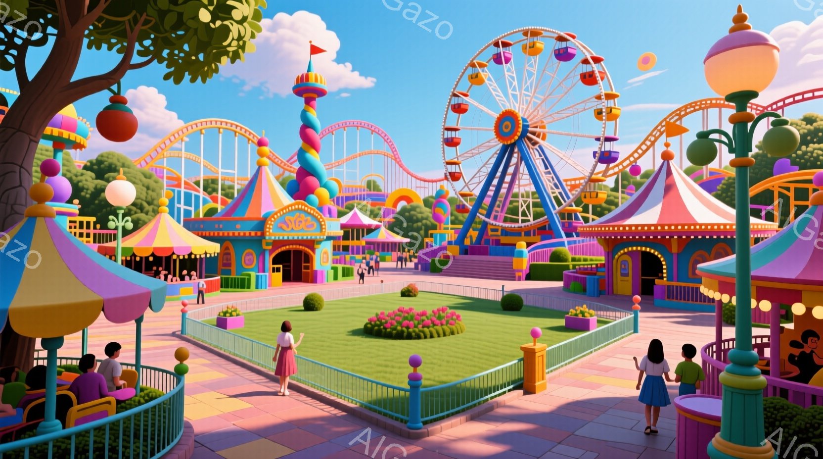 カラフルで賑やかな遊園地が描かれている。人々は明るい色の服を着ており、楽しそうに遊園地内を歩いている。背景には観覧車やジェットコースターなどのアトラクションが立ち並び、晴天の下、華やかな雰囲気が漂っている。