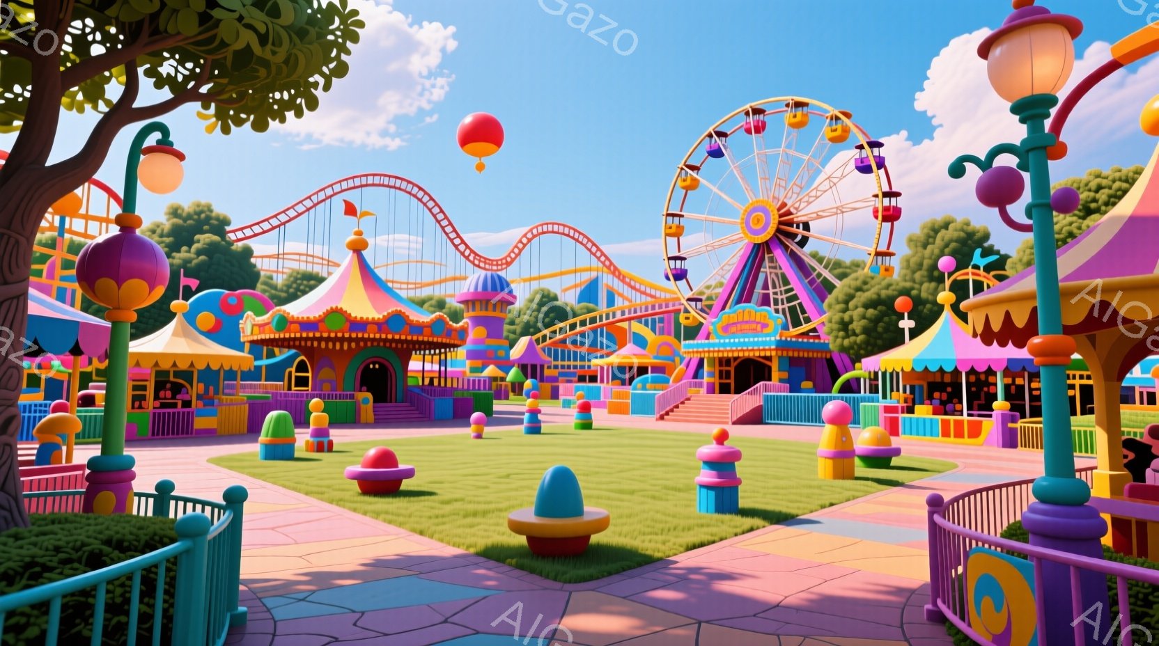 明るい遊園地が広がり、カラフルな建物やアトラクションが目に飛び込んできます。ピンクと紫色のストライプのテント、ローラーコースター、観覧車が並び、緑の芝生が敷かれた広場には、子供向けの回転遊具が点在しています。空は晴れ、全体的に陽気で楽しい雰囲気が漂っています。