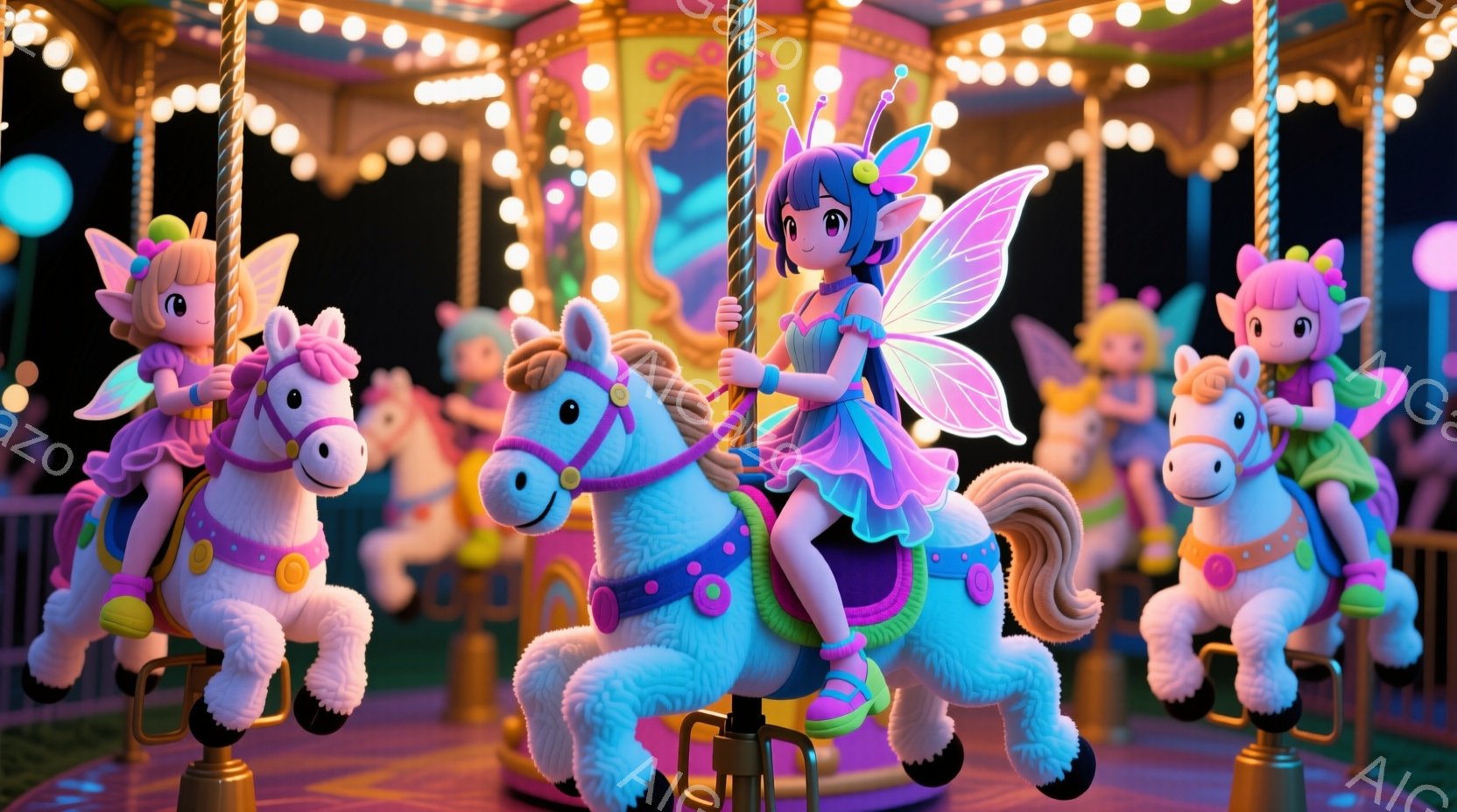 明るい遊園地の回転木馬に乗った小さな妖精たちが描かれています。彼女たちはピンクと紫の可愛らしいドレスと、透明感のある羽を持ち、それぞれ笑顔でポーズをとっています。背景は光り輝く遊園地で、夜空の下、華やかな雰囲気が漂っています。