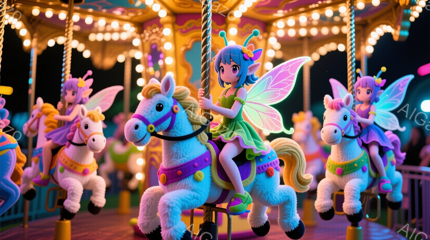 鮮やかな青いユニコーンに乗った若い女性が、メリーゴーランドで楽しんでいる様子が描かれています。彼女は緑色の服を着ており、明るい青色の髪は後ろで三つ編みにされ、大きな目と微笑みを浮かべています。背景にはカラフルなライトが輝き、メリーゴーランド全体が楽しげな雰囲気に包まれています。