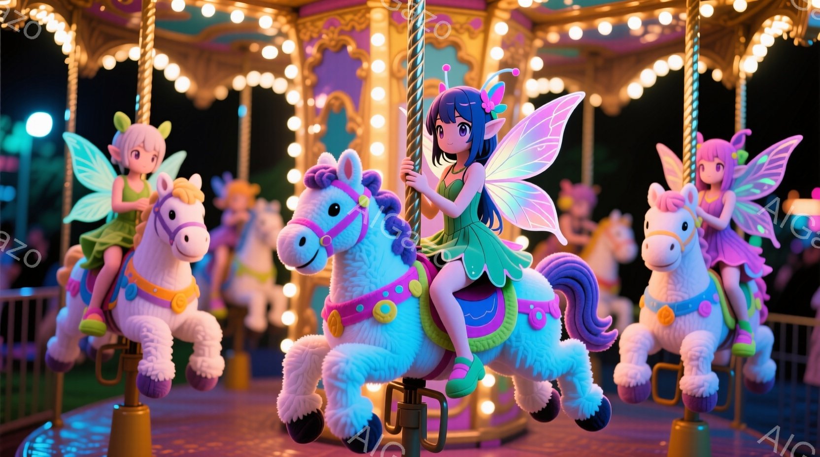 夜の遊園地のメリーゴーランドで、ファンタジックな装いの少女たちが可愛らしい馬に乗っています。少女たちはパステルカラーの羽と、キラキラした衣装を身につけ、笑顔で楽しんでいます。背景にはカラフルなライトが - AI生成フリー素材