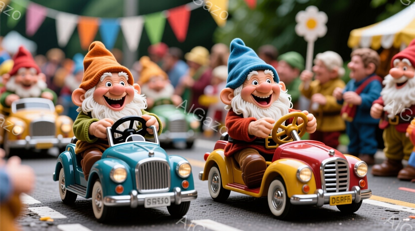 庭のノームたちが、それぞれ青と赤のクラシックな自動車を運転している様子が描かれています。ノームたちは皆、楽しそうな笑顔でハンドルを握り、それぞれカラフルな帽子と衣装を身につけています。背景には他のノームたちが立ち並び、カラフルな旗や花が飾られた賑やかな雰囲気の道が広がっています。