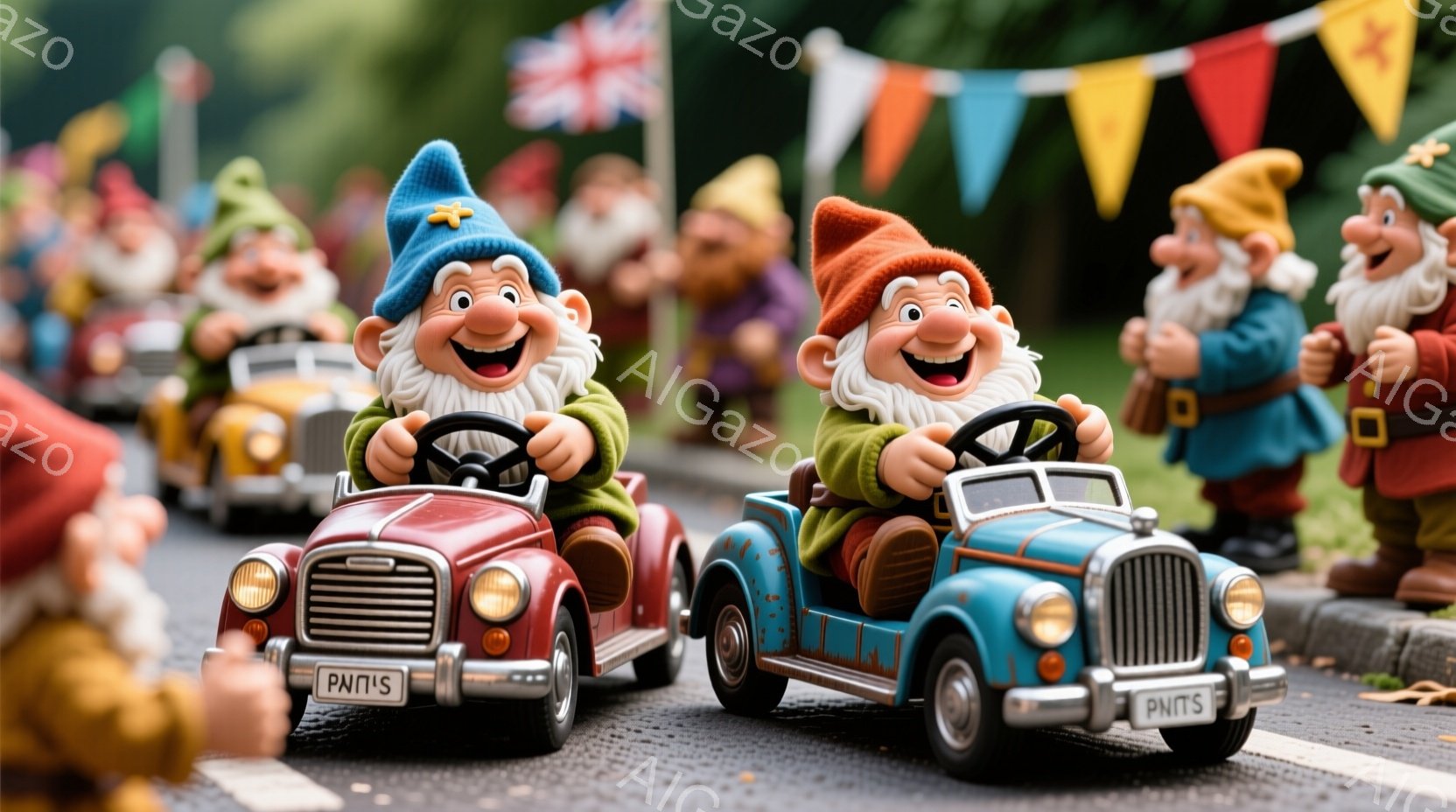 小さな庭のノームたちが、クラシックな自動車を運転して遊んでいます。彼らは皆、色とりどりの帽子と服を着て、楽しそうな表情をしています。背景には、旗が飾られた緑豊かな庭園と他のノームたちがおり、陽気で賑やかな雰囲気が漂っています。