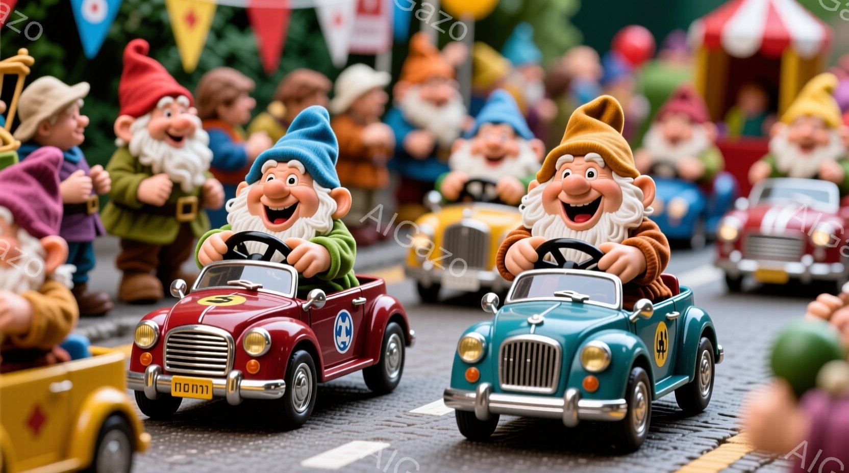 複数の庭のノームたちが、ミニチュアの車を運転してレースをしている様子が描かれています。ノームたちは、赤い帽子と白いひげを持ち、興奮した表情でハンドルを握り、レースを楽しんでいるようです。背景にはカラフルな建物や旗が並び、お祭りやイベントのような賑やかな雰囲気が漂っています。
