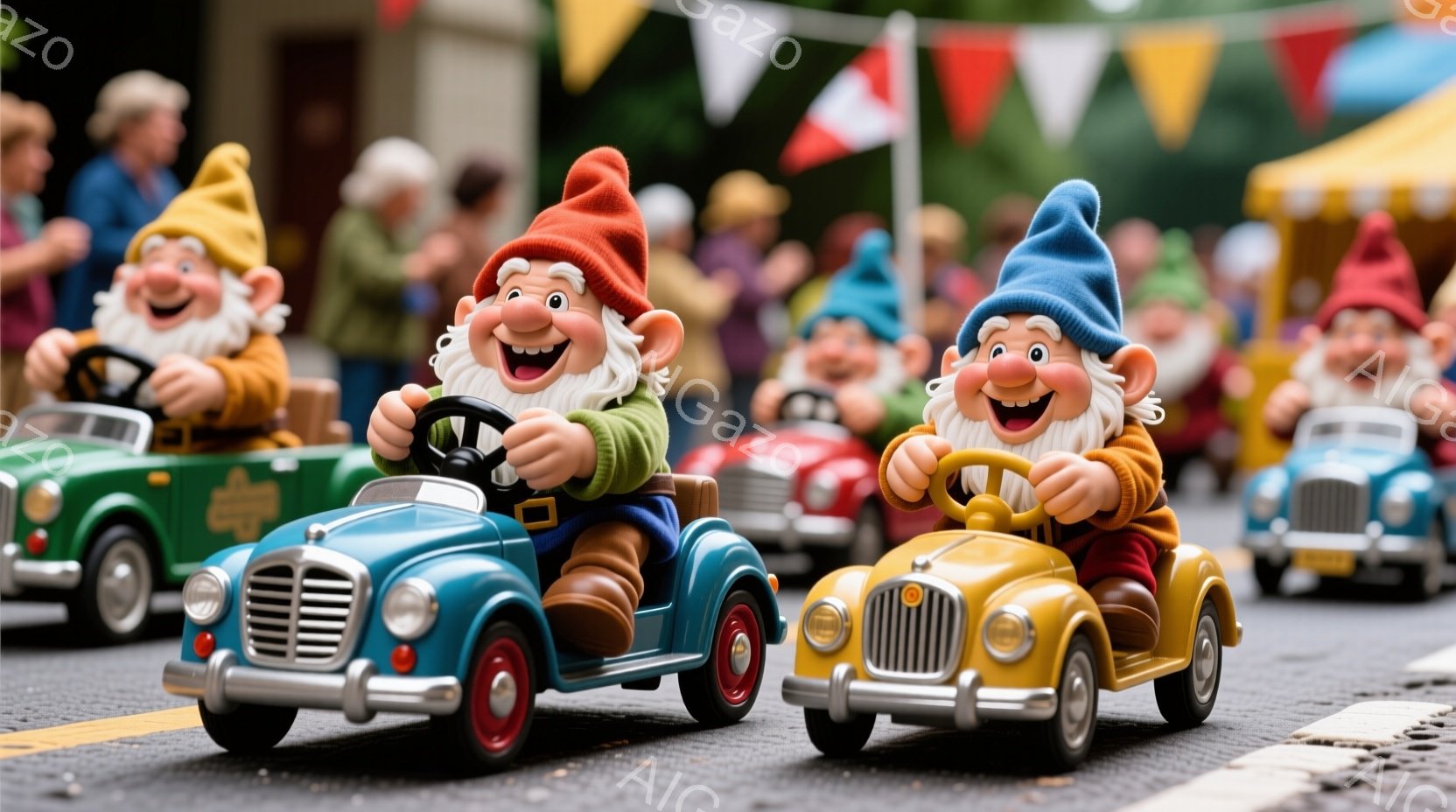 小さな庭のノームたちが、それぞれクラシックカーを運転している様子が描かれています。ノームたちはカラフルな帽子を被り、満面の笑みを浮かべ、楽しそうに運転しています。背景には、旗や屋台が見え、賑やかなお祭 - AI生成フリー素材