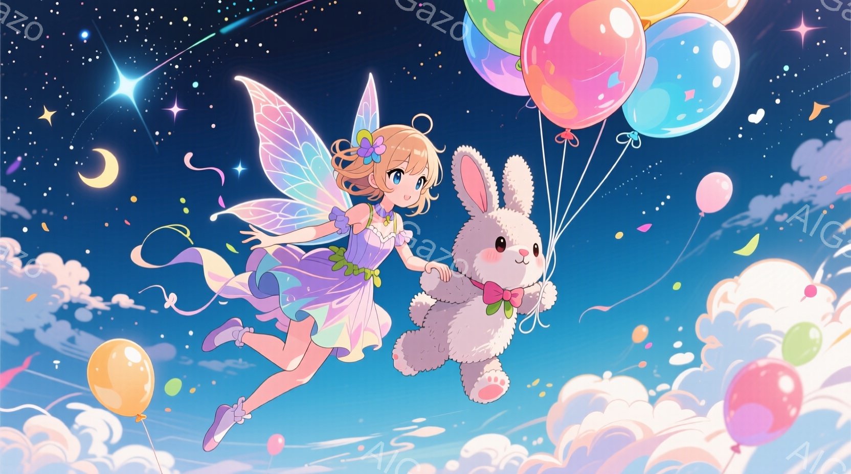 金髪の少女が、ふわふわの雲とカラフルな風船に囲まれ、空を飛んでいます。彼女はピンク色のドレスに白い羽が生え、足元には可愛らしいバレエシューズを履いています。背景には、夜空と星が広がり、夢幻的で穏やかな雰囲気を醸し出しています。