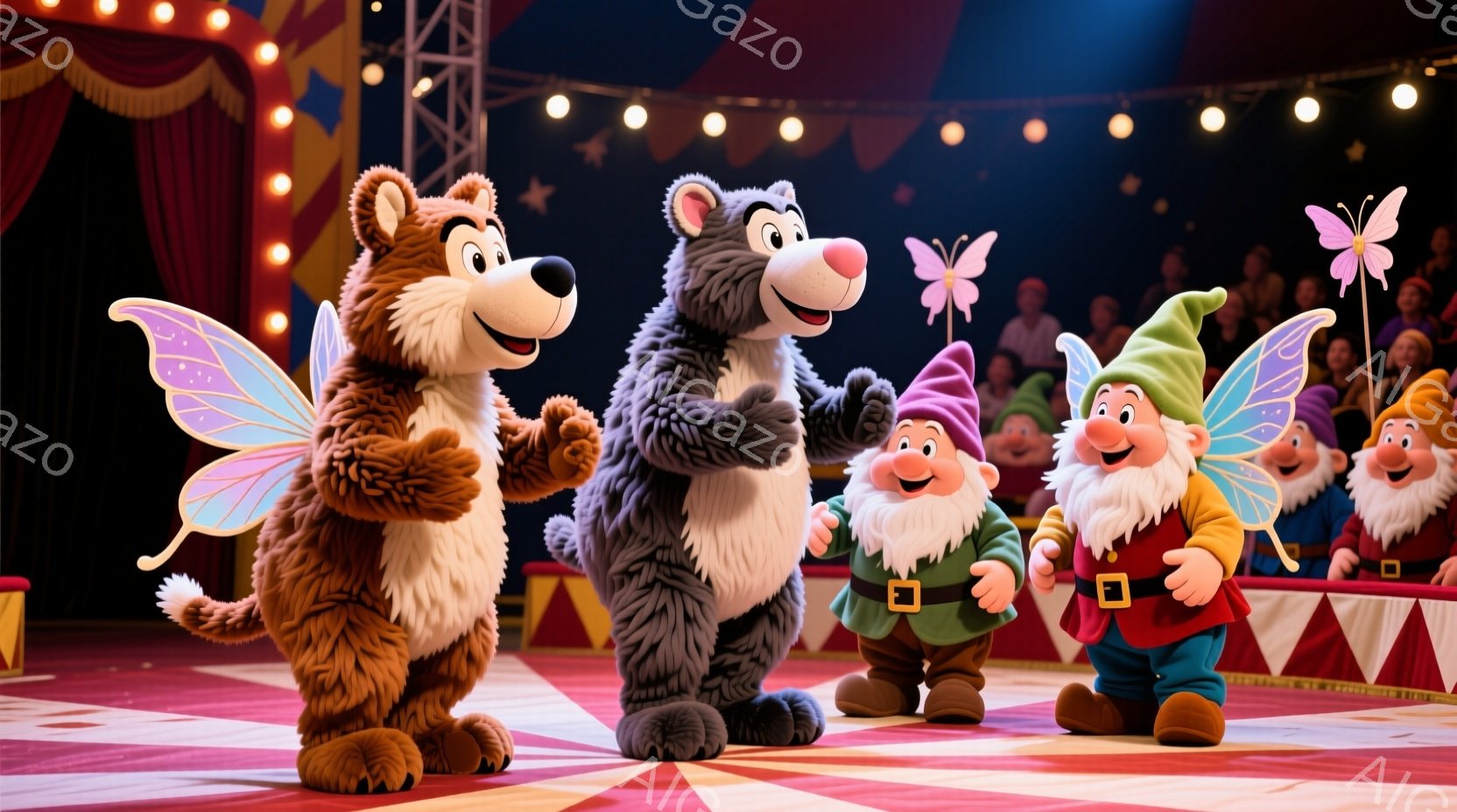 舞台の上には、茶色と黒のクマのキャラクターと、赤い帽子と服を着た３人の小人が立っています。クマたちは小さな羽を持っており、それぞれ笑顔で手を広げています。背景には、観客席と赤い模様の背景があり、サーカ - AI生成フリー素材