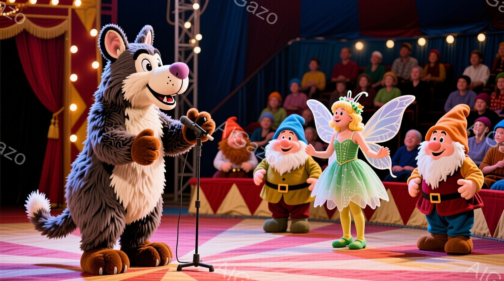 舞台上には、毛皮の狼のキャラクターがマイクに向かって歌っている様子が描かれています。緑色の妖精のような衣装を着た女性と、赤い帽子を被った小人たちが彼女の周りに立っており、観客席には様々な人々がいます。 - AI生成フリー素材