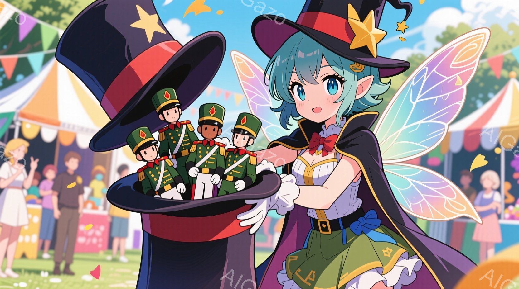 ターコイズ色の髪と大きな瞳を持つ少女が、黒いシルクハットから兵隊の人形を取り出している様子が描かれています。彼女は緑色のコルセットとフリル付きのスカート、そして羽が付いたファンシーな衣装を着ており、表情は明るく楽しそうです。背景には、カラフルな旗やテントが立ち並ぶ賑やかなお祭り会場が広がっており、暖かい日差しが降り注いでいます。
