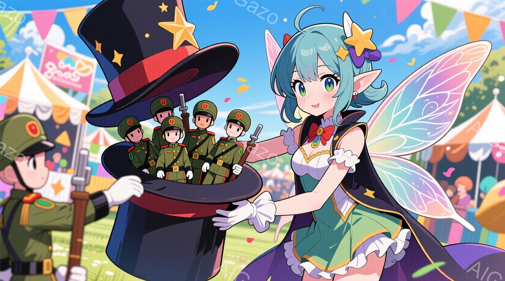 明るい青空の下、魔法使い風の女性がシルクハットから軍人たちを取り出している様子が描かれています。彼女は緑色の髪と大きな瞳を持ち、ピンクと紫のフリルをあしらった衣装に身を包み、片手を広げて楽しそうな表情を浮かべています。背景には、観客や屋台が並び、お祭りやイベントのような賑やかな雰囲気が広がっています。