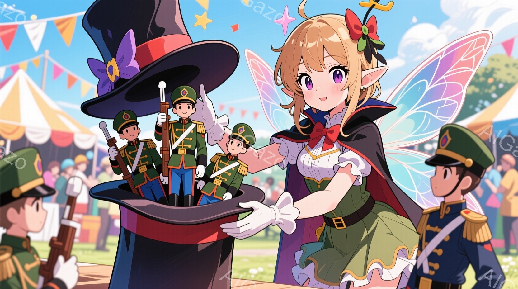 明るい金髪の巻き毛に、大きな蝶の羽を持つ女性が描かれています。彼女は黒と紫のフリル装飾が施されたドレスを着ており、マジックハットから軍服を着た兵隊の人形を取り出そうとしています。背景には、カラフルなテントや観客がおり、明るい日差しの中で賑やかな祭りの雰囲気が漂っています。