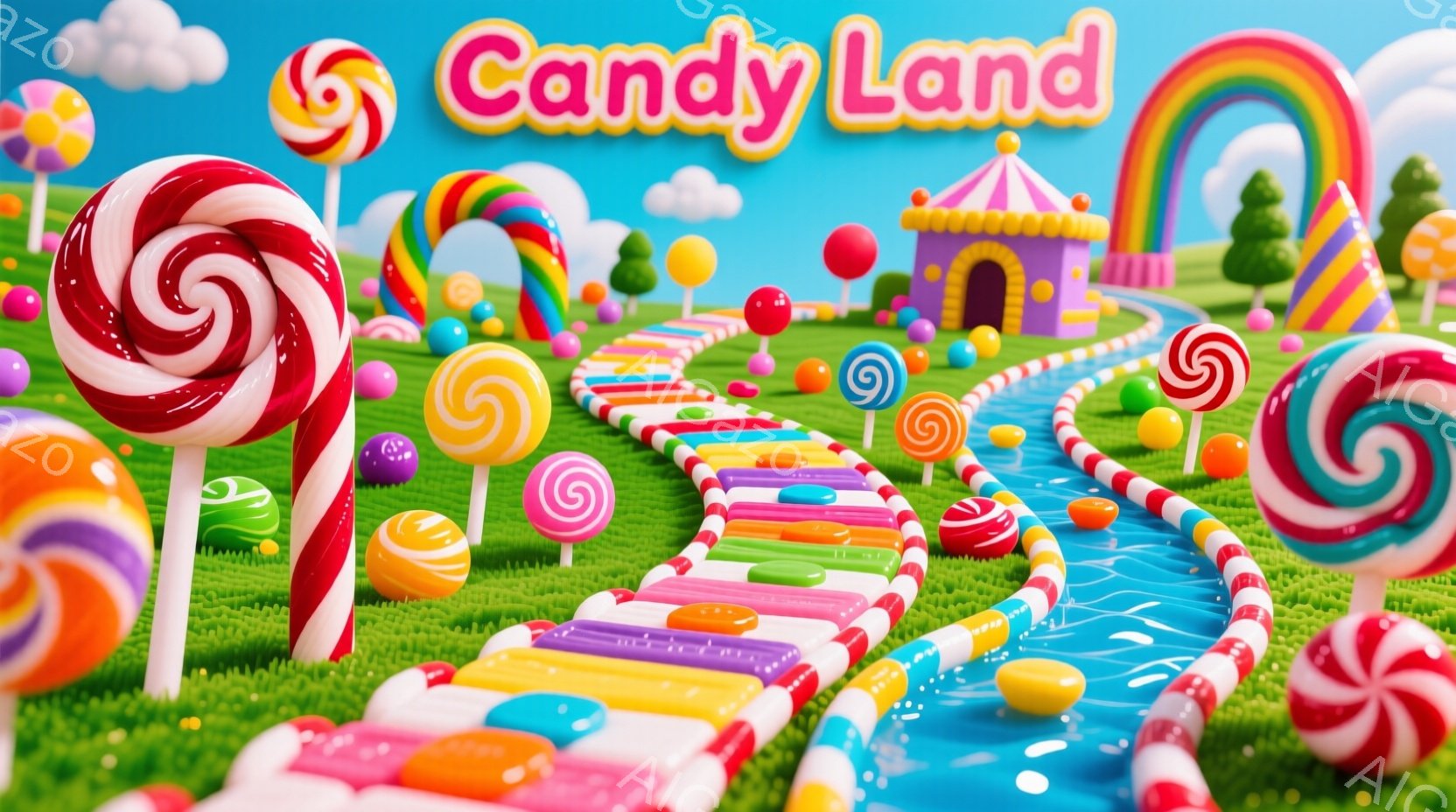 カラフルなキャンディの世界が広がっています。虹色の道は様々な色合いのキャンディで舗装され、巨大な棒付きキャンディやグミが道沿いに立っています。背景には緑の丘と、お菓子の家のような建物が見え、明るい晴天の下、おもちゃのような楽園のような雰囲気です。