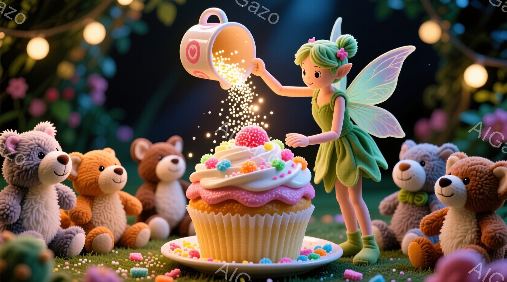 緑色のドレスを着た小さな妖精が、大きなピンク色のカップケーキにキラキラした粉を振りかけています。周りには可愛らしいテディベアが座り、背景には花々が咲き乱れ、幻想的な雰囲気を作り出しています。カップケー - AI生成フリー素材