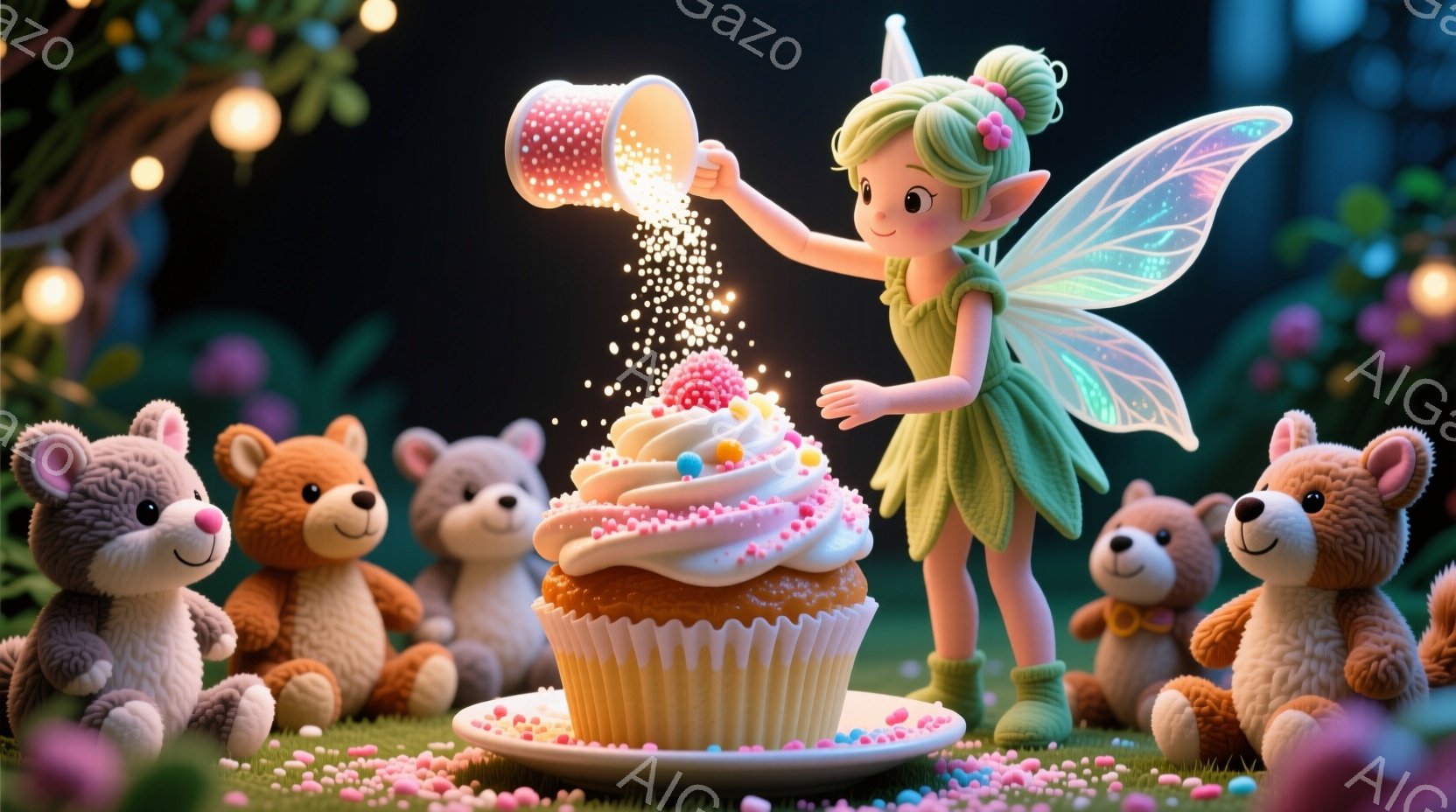 緑色のドレスを着た小さな妖精が、大きなカップケーキにカラフルなスプリンクルを振りかけています。妖精は明るい笑顔で、緑色の髪を高いお団子にし、小さなブーツを履いています。背景には、テディベアたちがカップケーキを取り囲んでおり、草の上にカラフルなスプリンクルが散らばっています。
