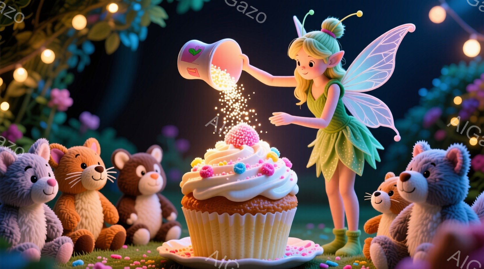美しい妖精が、巨大なカップケーキにキラキラした粉を振りかけている。妖精は緑色のドレス、短い茶色の髪、そして透明な羽を持っています。背景には、テディベアたちが集まり、カップケーキを囲み、暗闇の中で輝く光 - AI生成フリー素材