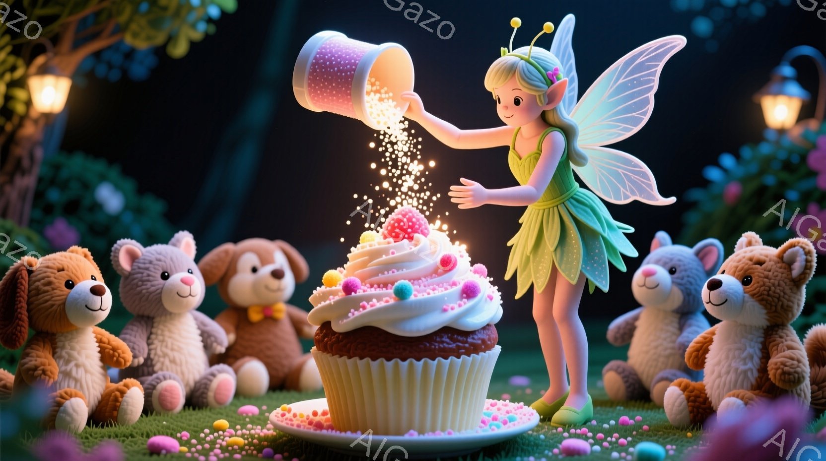 妖精のような少女が、巨大なカップケーキにカラフルなスプリンクルを振りかけている。彼女は緑色のドレスを着ており、金髪を三つ編みにし、微笑んでいる。背景には、テディベアたちが取り囲み、夜の庭園には優しい光が灯っている、夢のような雰囲気が漂っている。