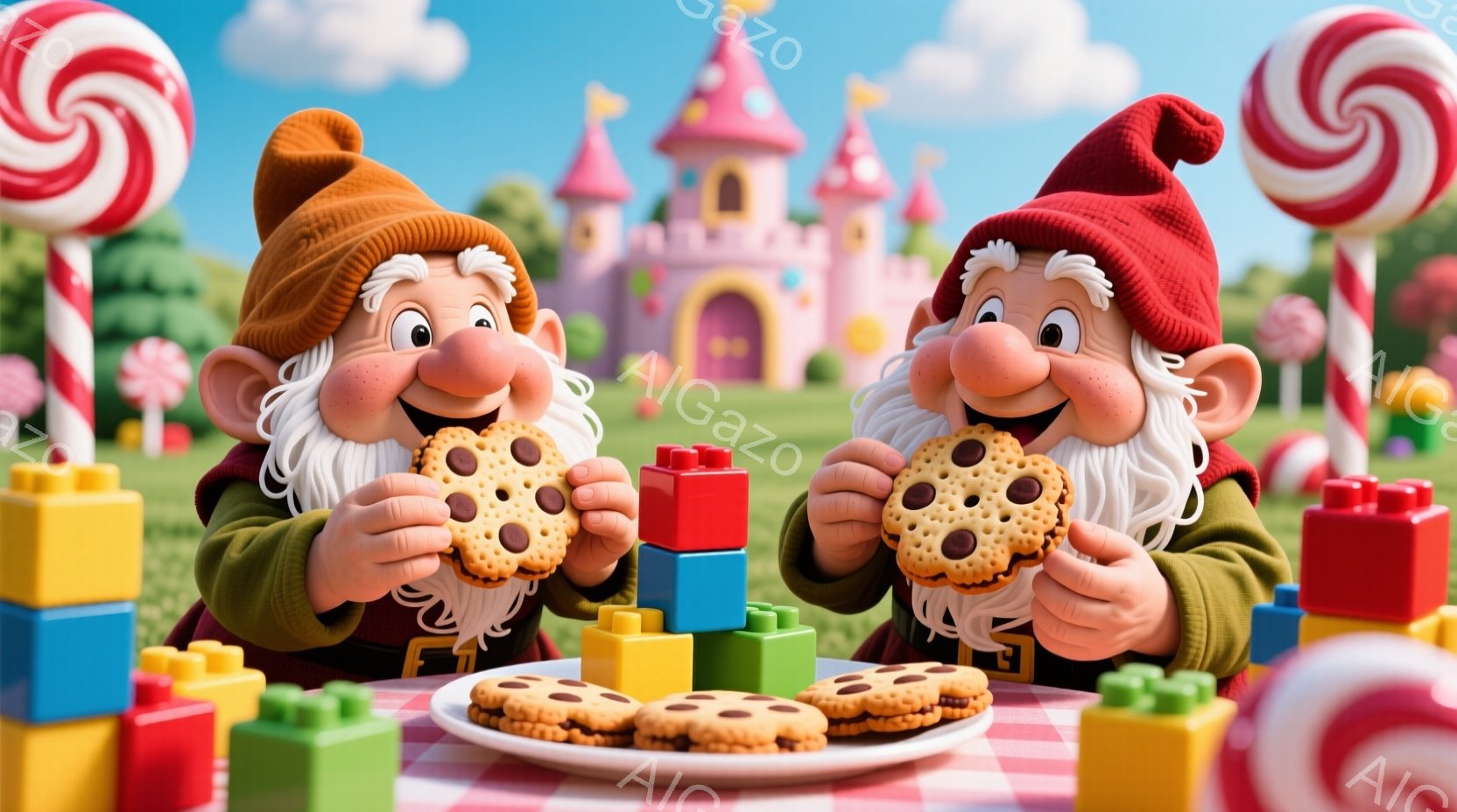 白いひげを生やした2人の小人が、赤いテーブルクロスの上に座り、チョコレートチップクッキーを手に持っています。彼らは緑色のジャケットと赤い帽子をかぶり、楽しげな表情をしています。背景にはお城、キャンディ、積み木、そして晴れた空が広がっており、おとぎ話のような明るく楽しい雰囲気を醸し出しています。