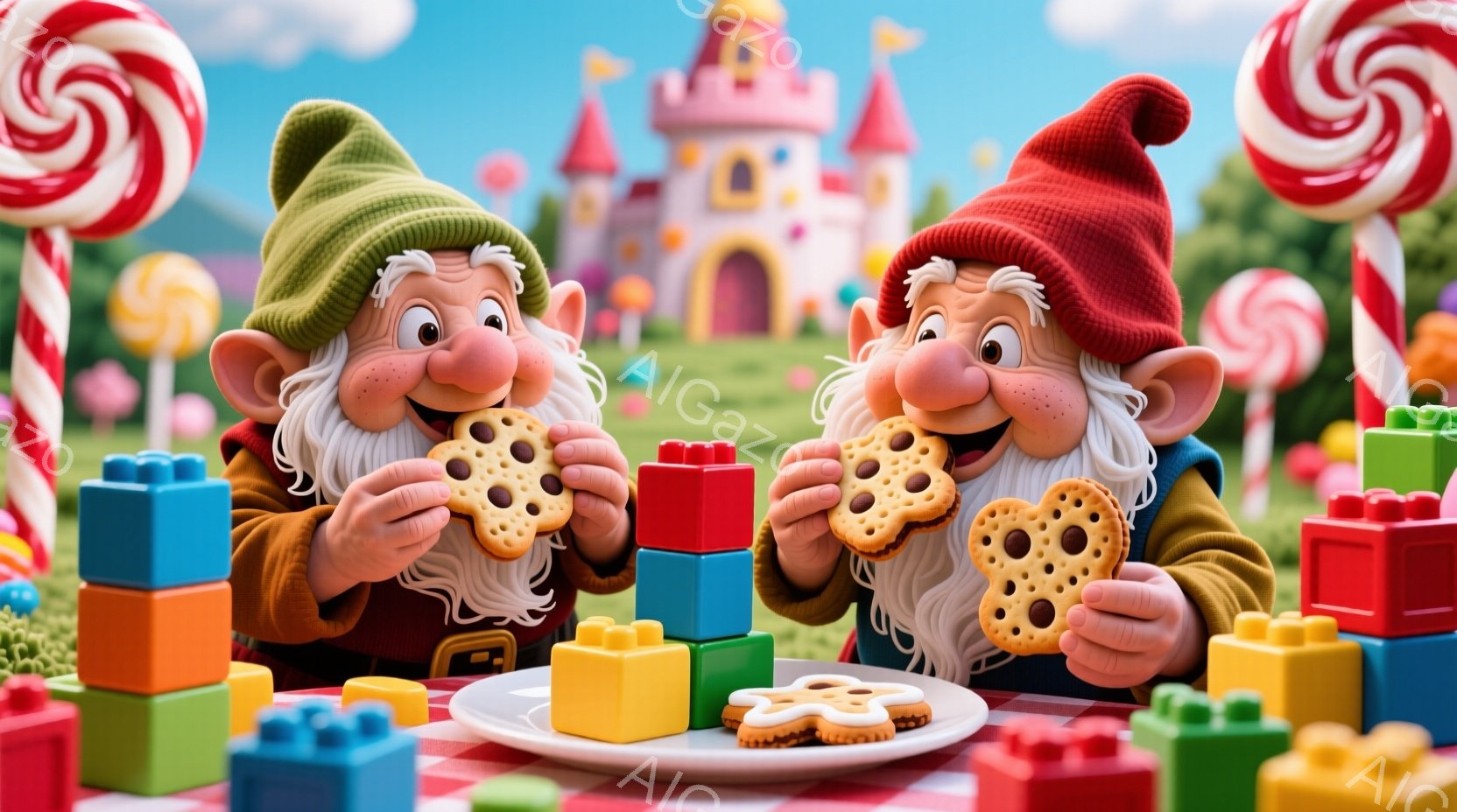 白いひげを生やした小人が二人、赤いチェックのテーブルを挟んで向かい合っています。緑と赤の帽子を被り、緑色の服を着ており、それぞれチョコレートチップクッキーを手に持ち、楽しそうにそれを食べています。背景にはお城、カラフルなブロック、巨大なキャンディがあり、明るく陽気な雰囲気です。