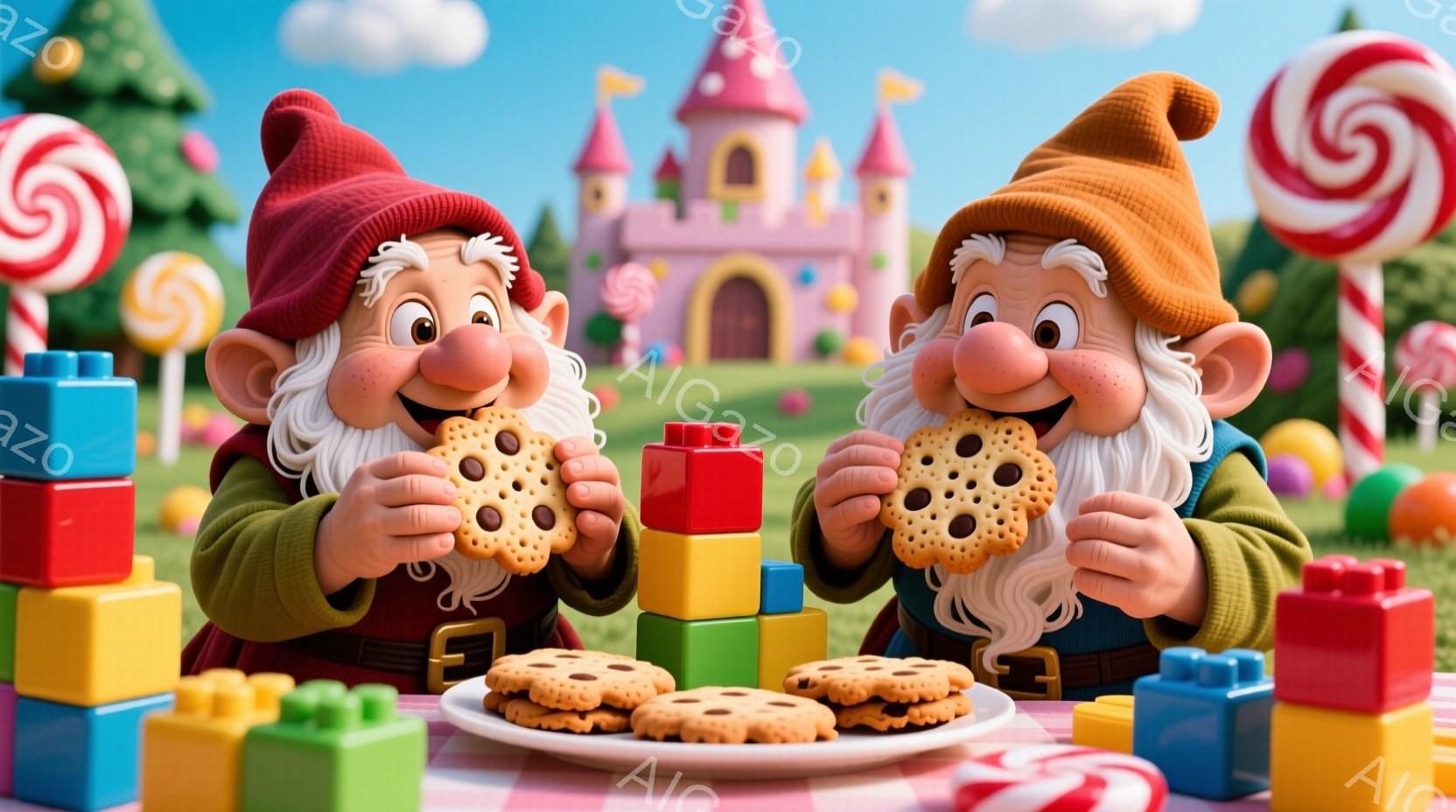 白いひげを生やした2人の小人が、それぞれクッキーを手に持っています。彼らは緑色の服と赤い帽子をかぶり、幸せそうな表情をしています。背景にはおもちゃのブロック、キャンディ、お城があり、明るく陽気な雰囲気が漂っています。