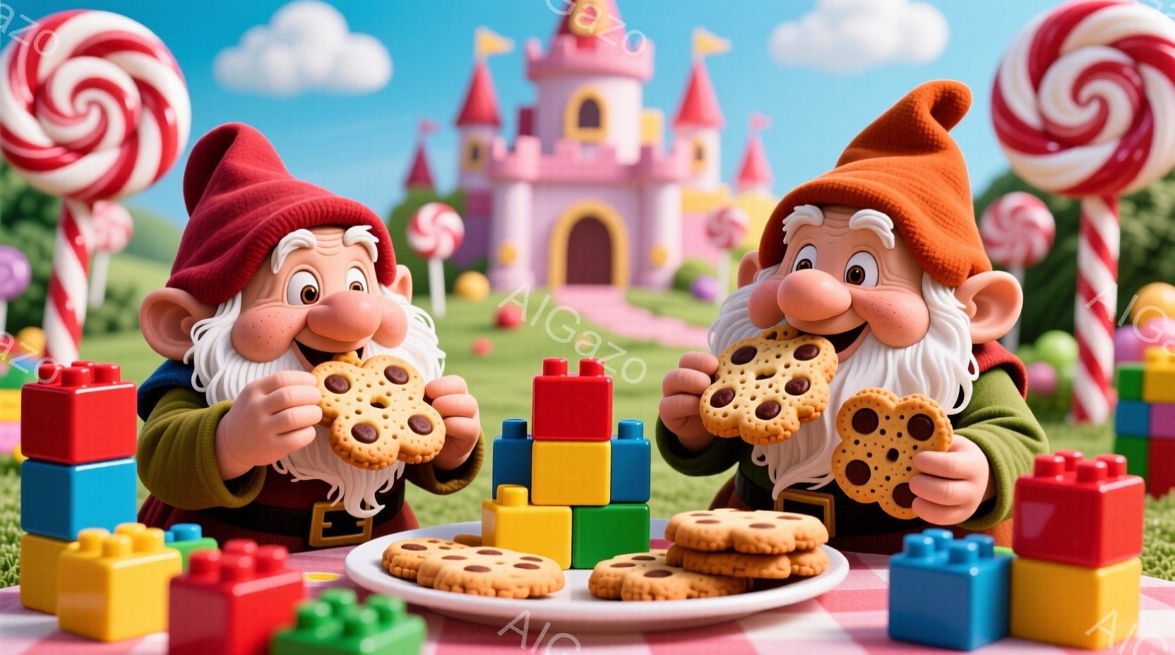 2人のひげを生やした小人が、それぞれクッキーを片手に持って楽しそうに食べている。赤い帽子と緑の服を着ており、背景にはおもちゃのブロックの塔、キャンディ、ピンクのテーブルクロスが広がる草原と城が見える。全体的に明るく、お祭り騒ぎのような楽しい雰囲気が漂っている。