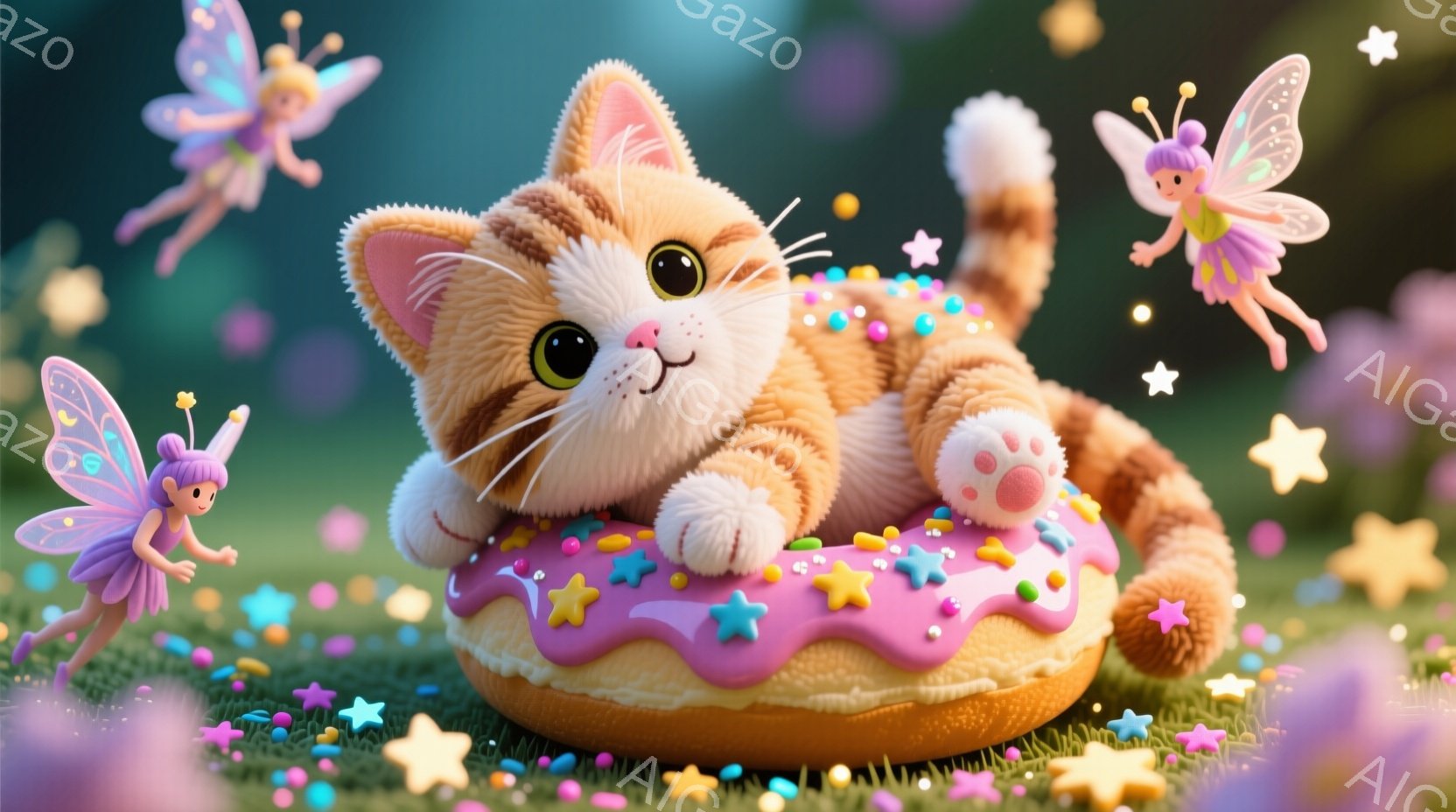 オレンジ色の縞模様の猫が、ピンク色のアイシングとカラフルなスプリンクルがトッピングされたドーナツの上に横たわっています。周りには、紫とピンクの花、そしてキラキラと輝く星が散りばめられており、小さな妖精が複数、猫とドーナツの周りを舞っています。全体的に、夢のような、甘くて可愛らしい雰囲気です。