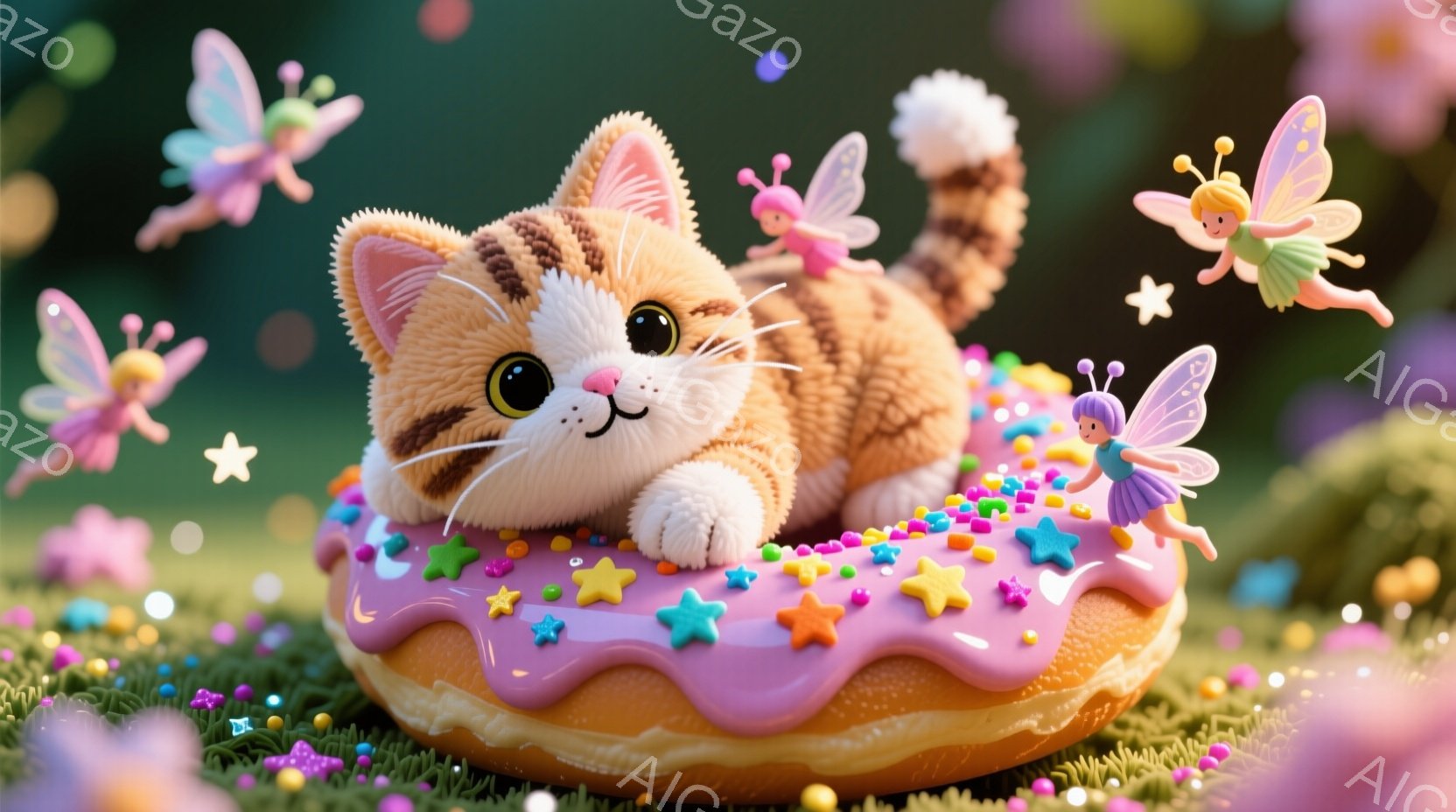 明るい緑色の芝生の上に、ピンク色のアイシングがかかったドーナツが置かれ、その上にふわふわのオレンジ色のキツネのような子猫が横たわっています。子猫は丸い目をしていて、リラックスした表情で、周りにはカラフルなスプリンクルと、小さな妖精たちが飛び交っています。全体的に、夢のように可愛らしい雰囲気で、春の暖かい日差しのような優しい色合いが印象的です。