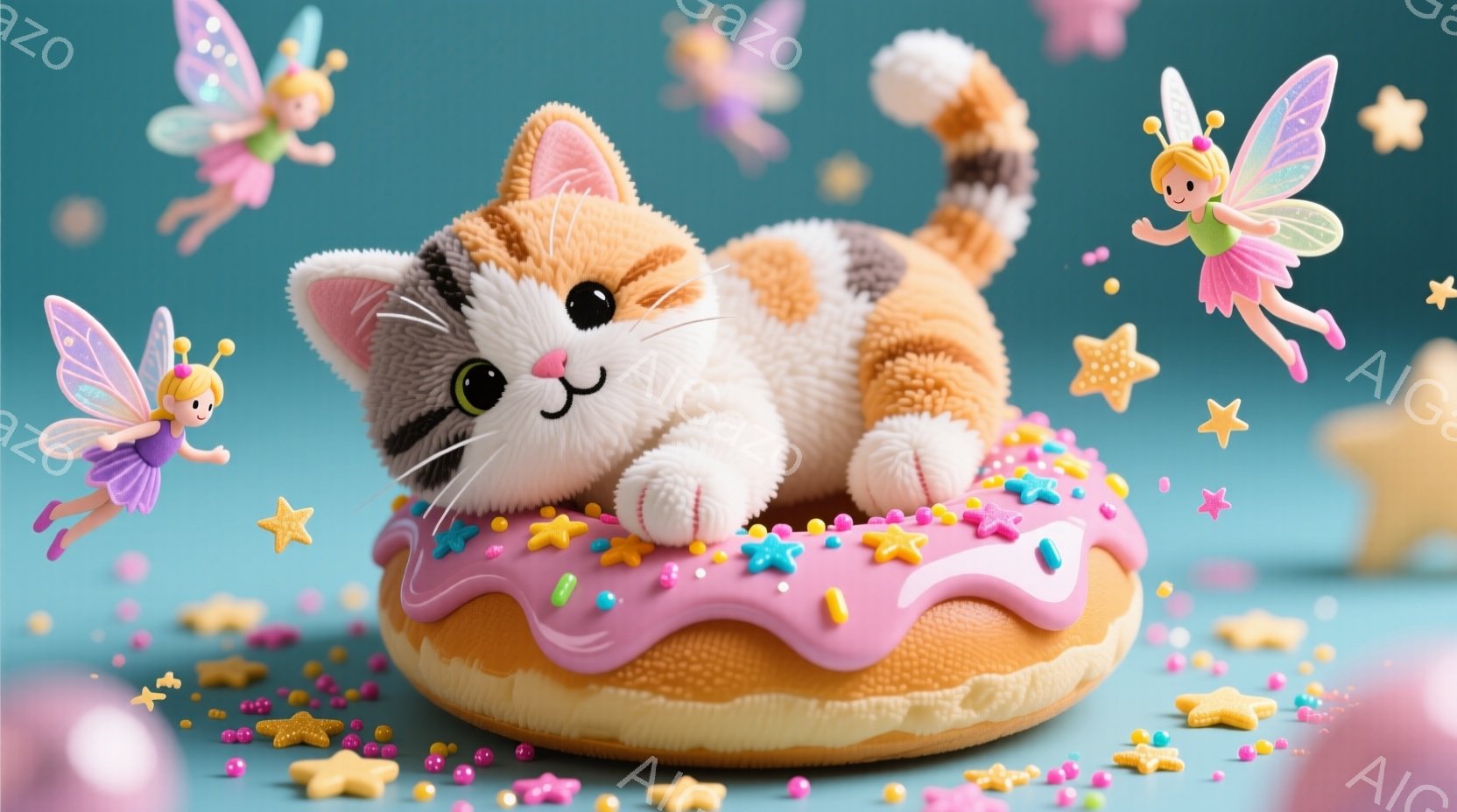 暖かく鮮やかな背景に、ふわふわのオレンジと白の縞模様の猫がピンク色のアイシングがかかったドーナツの上に横たわっています。周りには小さな星やカラフルなスプリンクルが散りばめられ、空を舞うかわいらしい妖精たちが幻想的な雰囲気を醸し出しています。猫は目を閉じてリラックスした表情で、甘いお菓子の上で心地よく眠っているようです。