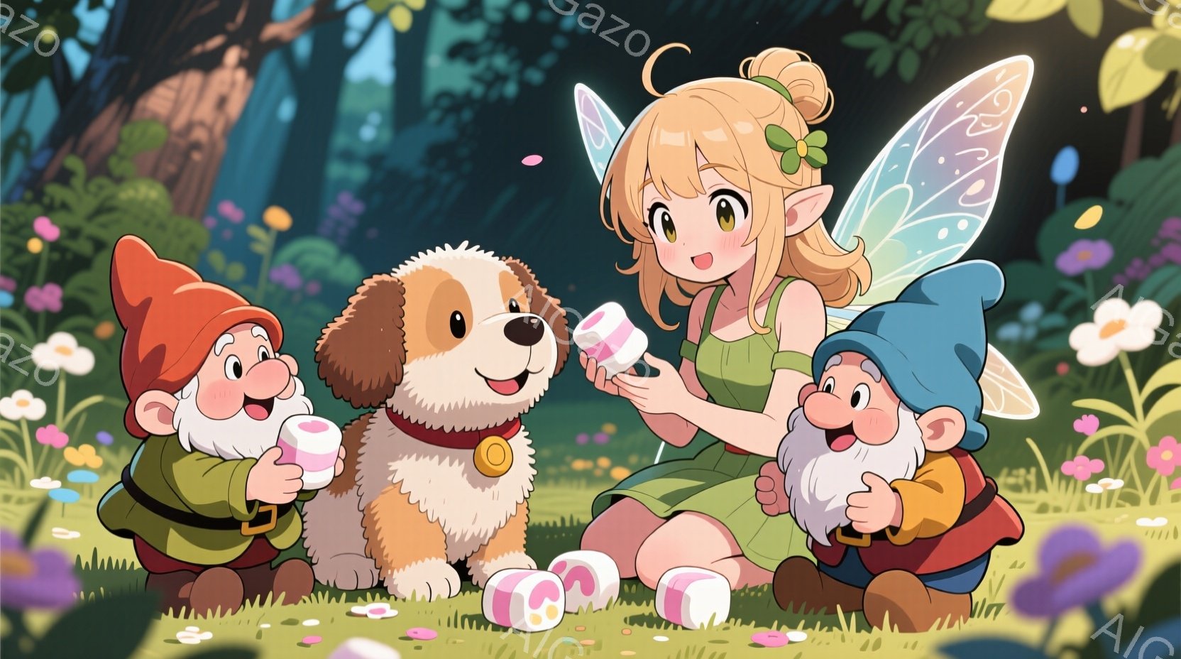 緑豊かな草原に、妖精のような少女と二人の小人が座っています。少女は緑色のドレスを着て、金髪を三つ編みにし、笑顔でピンク色のキャンディを手に持っています。小人はそれぞれ赤い帽子と緑色の服を着ており、キャ - AI生成フリー素材