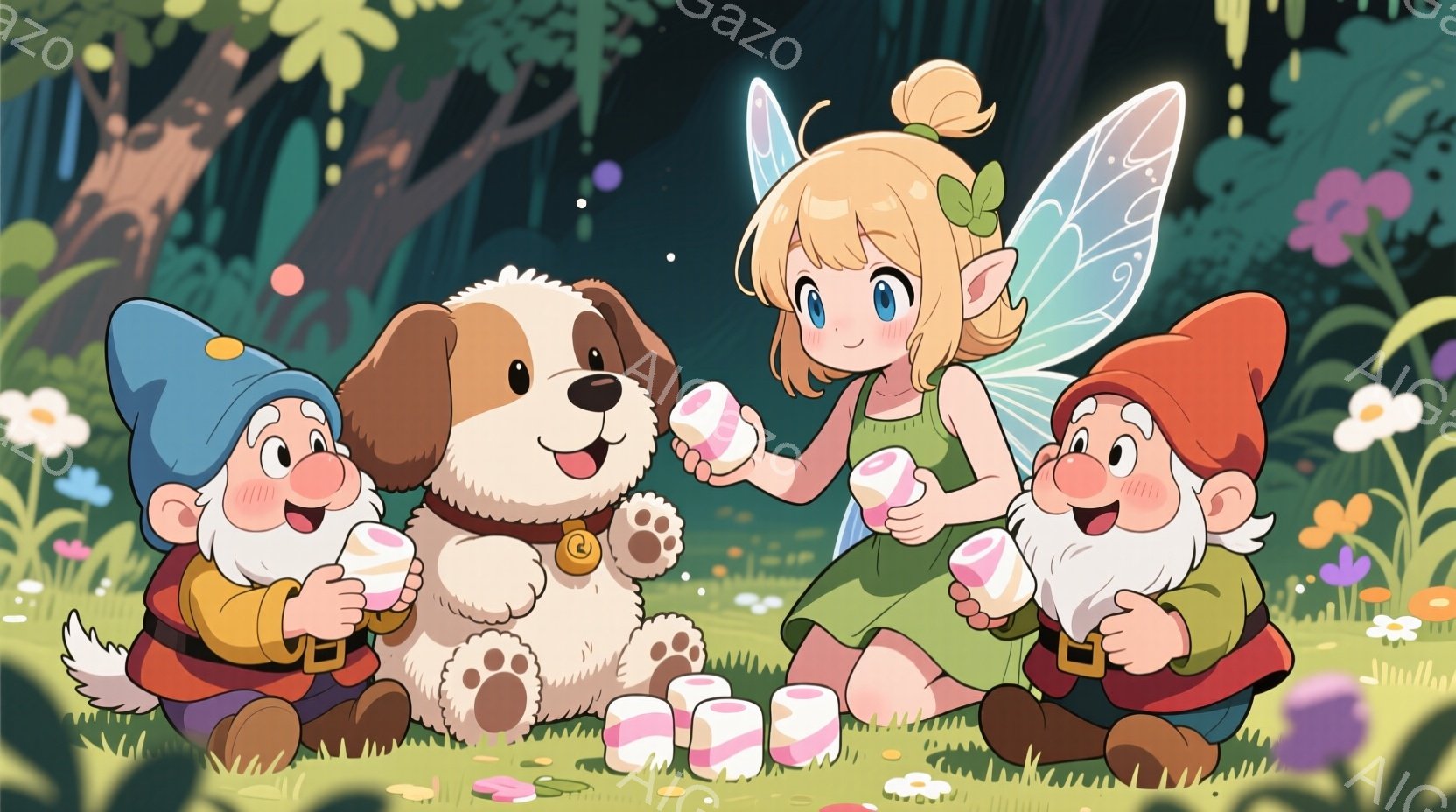 緑豊かな草原に、妖精の少女と二人の小人が愛犬と座っている様子が描かれています。妖精は緑色のドレスを着ており、金髪をポニーテールにまとめ、片手にキャンディのようなものを手にしています。小人は赤い帽子と緑 - AI生成フリー素材