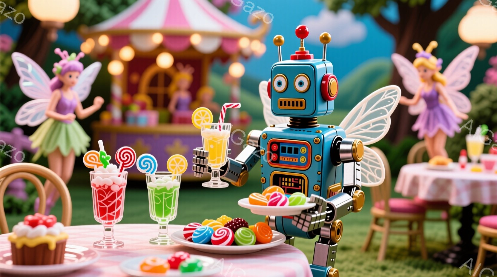 鮮やかな色彩で彩られたファンタジーの世界で、ロボットがスイーツを乗せたトレイを持って立っている。背景には、ピンク色のパラソルと緑豊かな自然が見え、可愛らしい妖精たちが楽しげに舞っている。全体的に、夢のようなお茶会を思わせる、明るく楽しい雰囲気が漂っている。