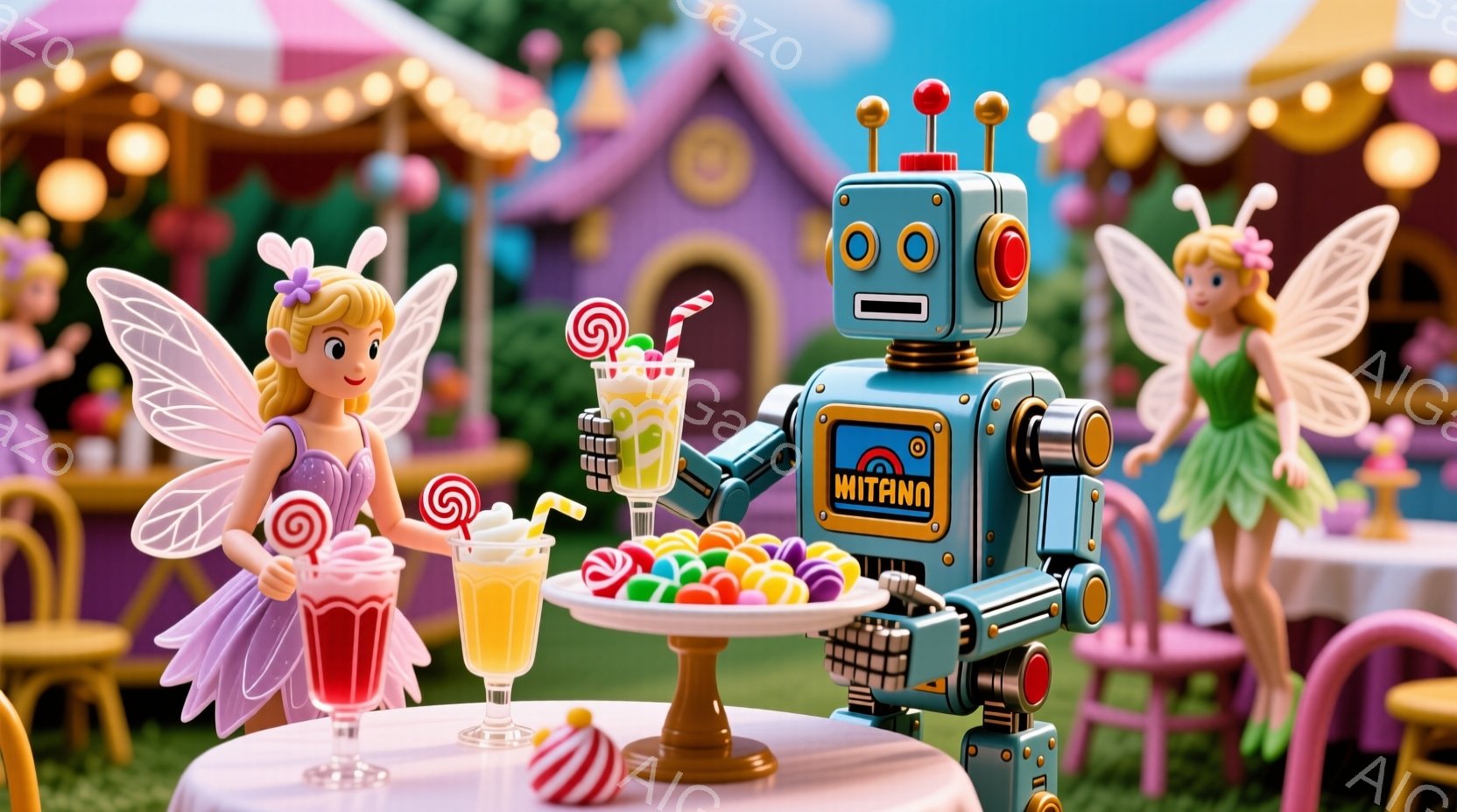 妖精のような女性たちが、カラフルな飲み物とキャンディーが並んだテーブルを囲んでいます。中央には、かわいらしいロボットが飲み物を持って立っており、どこかユーモラスな雰囲気です。背景には、パステルカラーの可愛らしい家々や植物が見え、まるで夢のようなお茶会が開催されています。