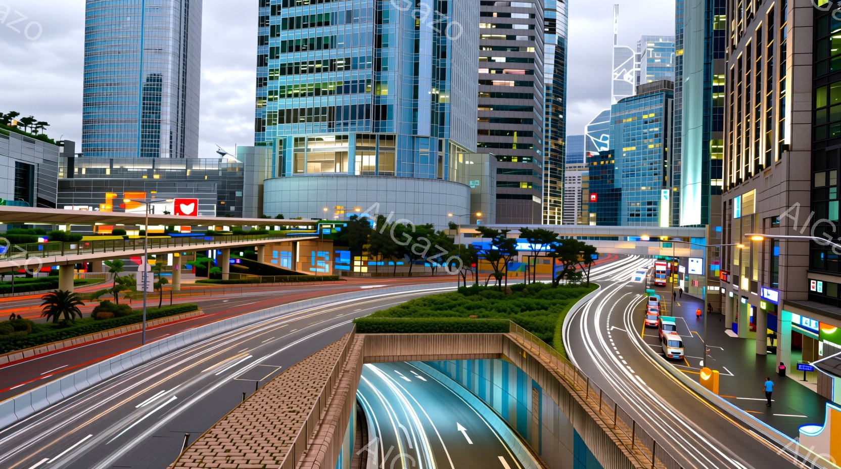 高層ビル群と高速道路が交差する都市の風景が描かれている。車両のライトが光の筋となり、夜間の活気ある雰囲気を強調している。自然の緑もわずかに見え、コンクリートジャングルの中にアクセントを加えている。